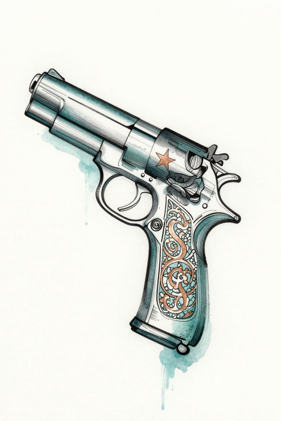 small baddie tats watercolor pistol flash, teal watercolor splash behind clean linework, copper metallic accent, filigree trigger guard, wet ink calligraphic marks, centered composition