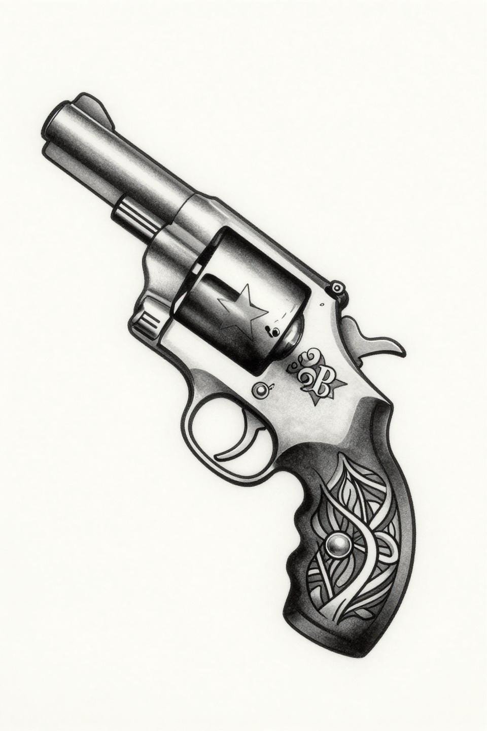 tattoo ideas female baddie chicano grey wash revolver flash, dense-to-open whip shading gradient, filigree trigger guard, five-point star chamber, solid black anchor lines