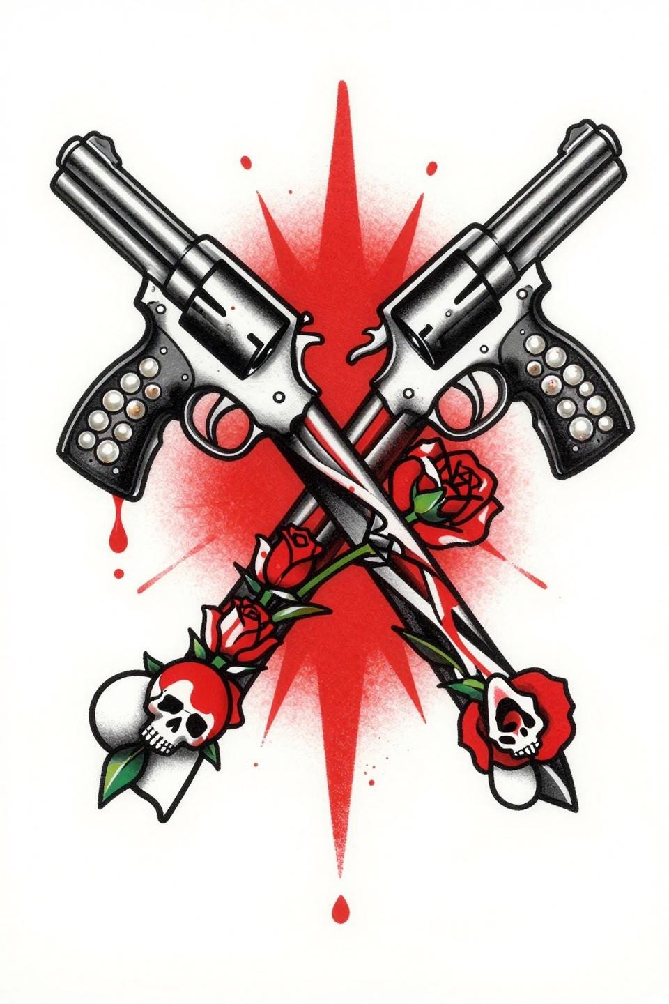 tattoo ideas female baddie trash polka crossed revolvers flash, skull inlay pearl grips, crimson red splattered accent fills, rose stem between triggers, bold 2-3pt outlines, aggressive diagonal tension