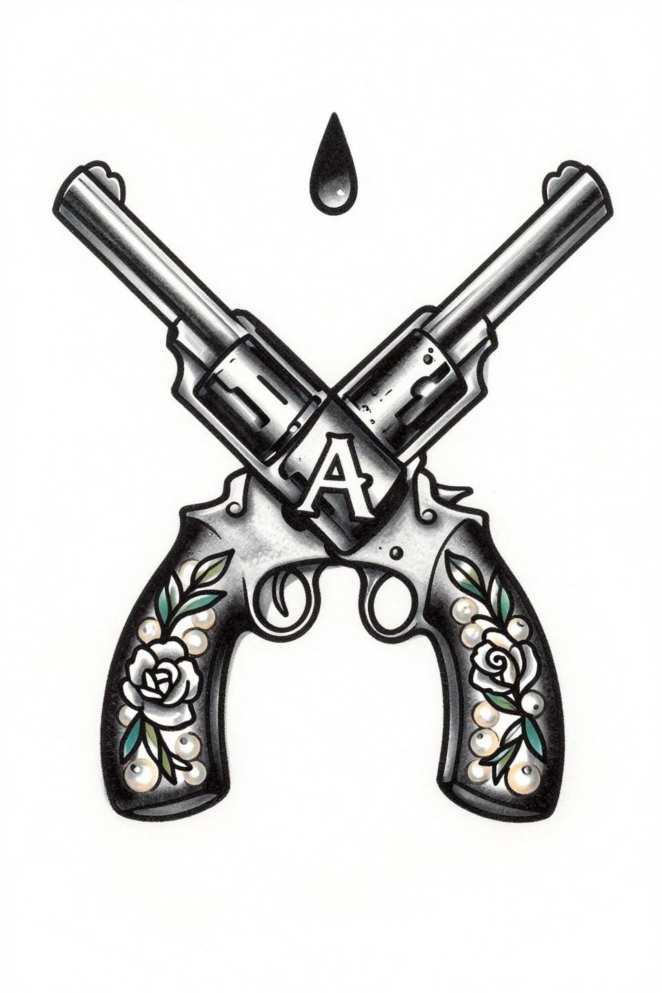 cute baddie tattoos traditional American crossed revolvers flash, pearl handles with rose vine engraving, bold 2-3pt outlines, flat solid fills zero grey wash, bilateral symmetry diamond frame