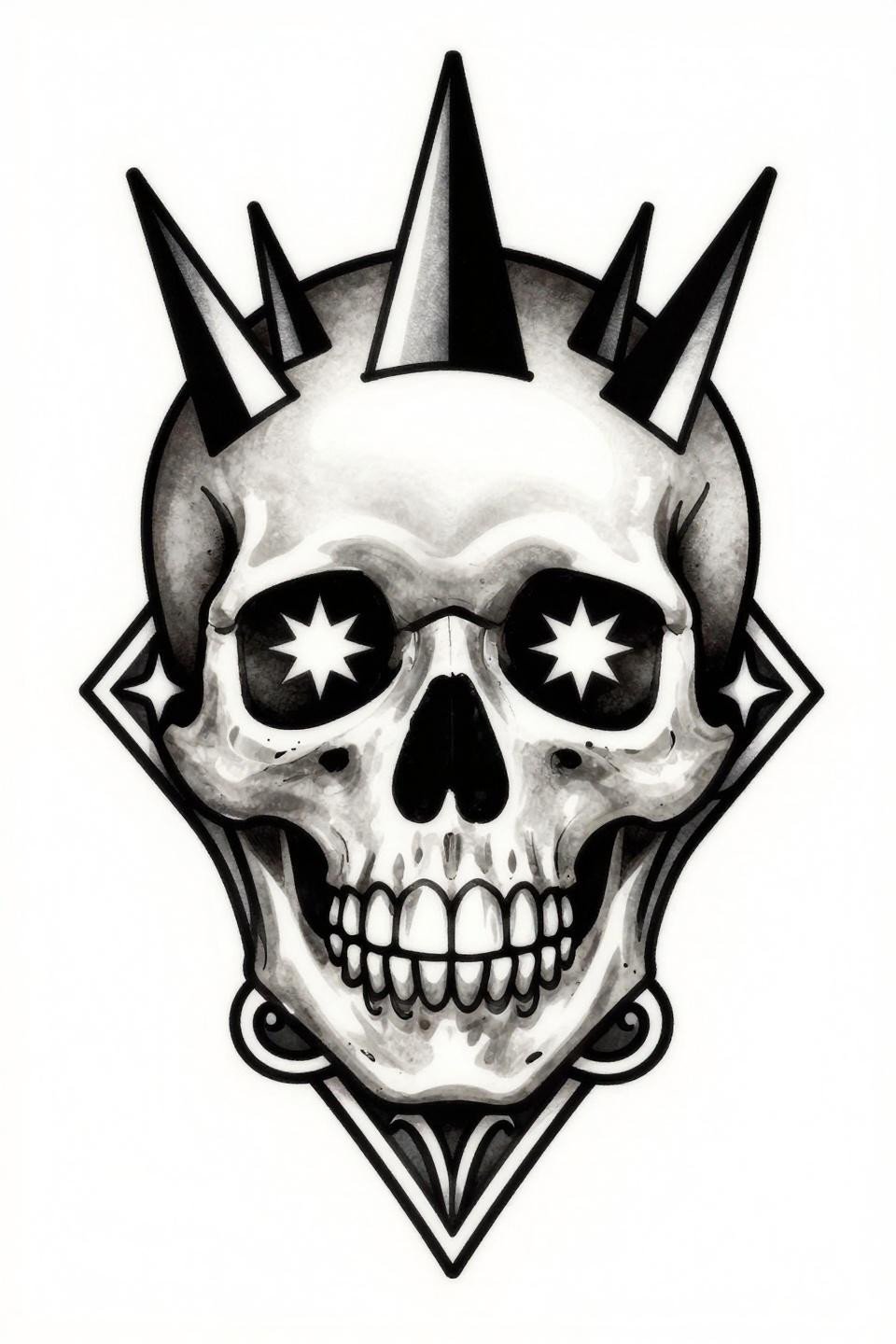 dope female tattoos art nouveau skull crown flash, empty eye sockets with star symbols, ornate filigree scrollwork base framing, bold 2-3pt black outlines, grey wash dilution midtones, diamond composition
