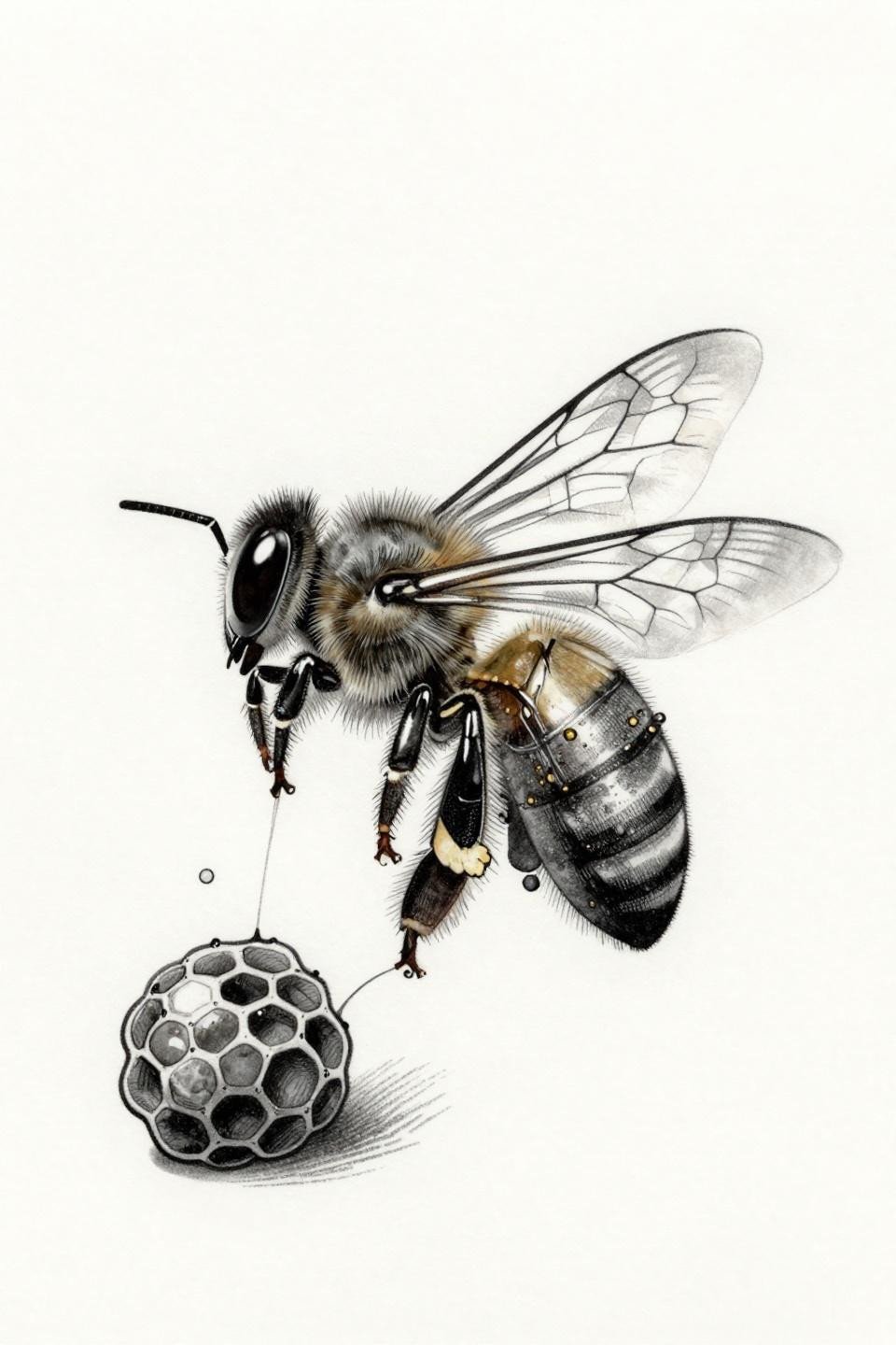 whimsical anatomical bee tattoo flash, diagonal flight cutaway torso, honey sac detail, pollen baskets overflowing, parallel line engraving fine crosshatch, grey wash midtones black ink