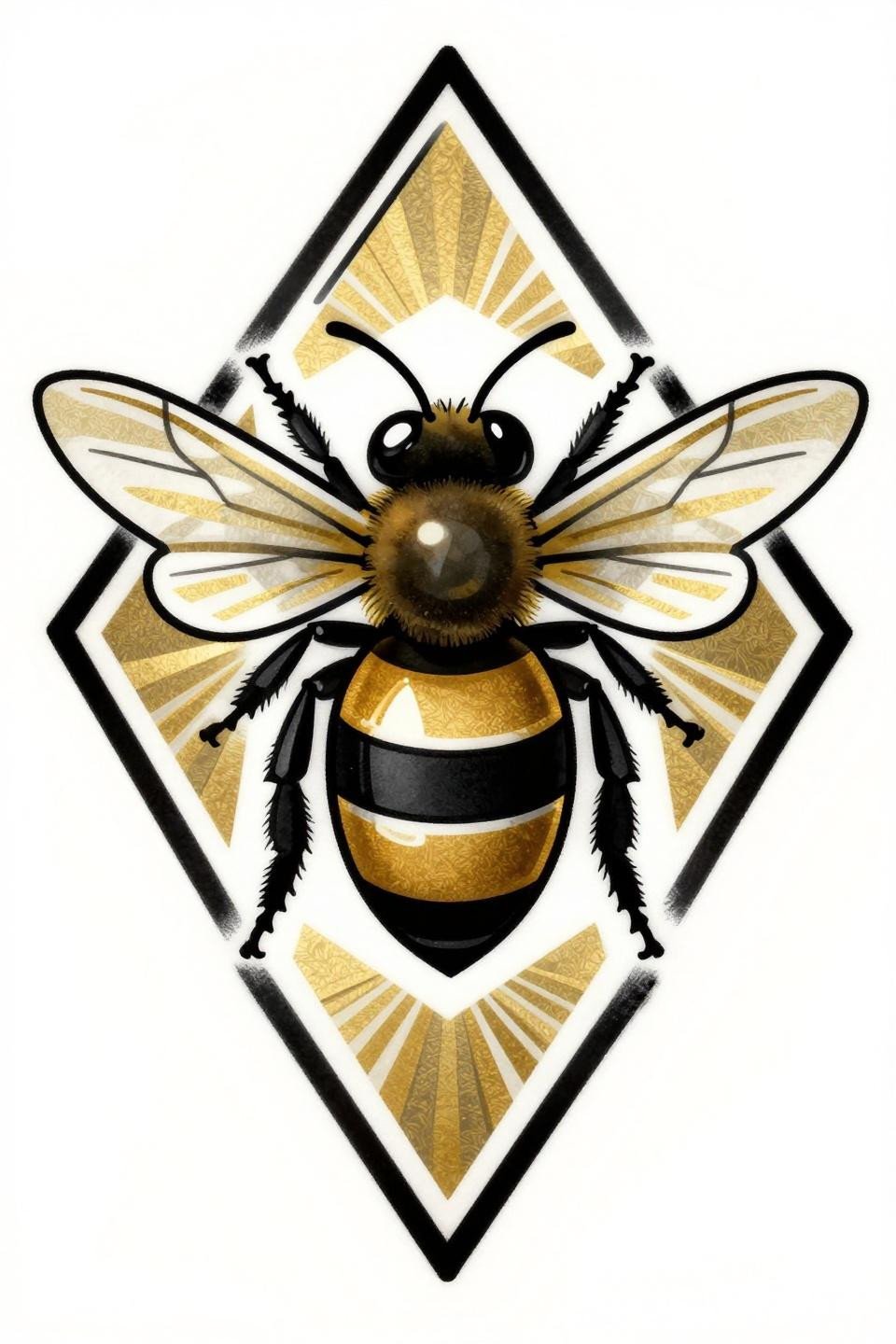 minimalist art deco bee tattoo flash, frontal stance stacked diamond body segments, sunburst wing rays, concentric circle compound eyes, hexagonal diamond frame, polished gold black ink