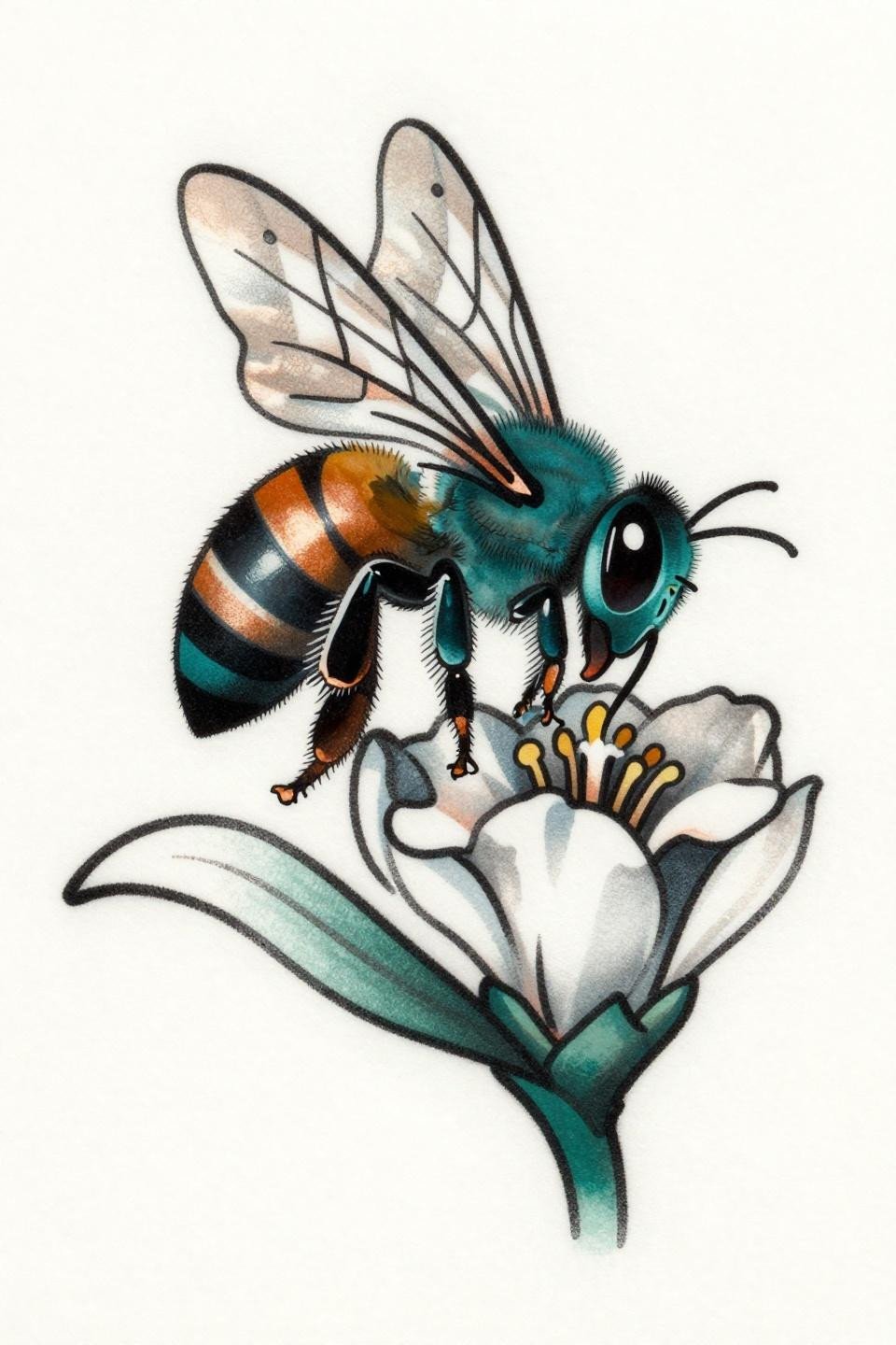 art nouveau bee tattoo design flash, side profile descending into bloom, proboscis extended into nectar chamber, flowing botanical composition, deep teal wings copper metallic accent, bold 2pt outlines