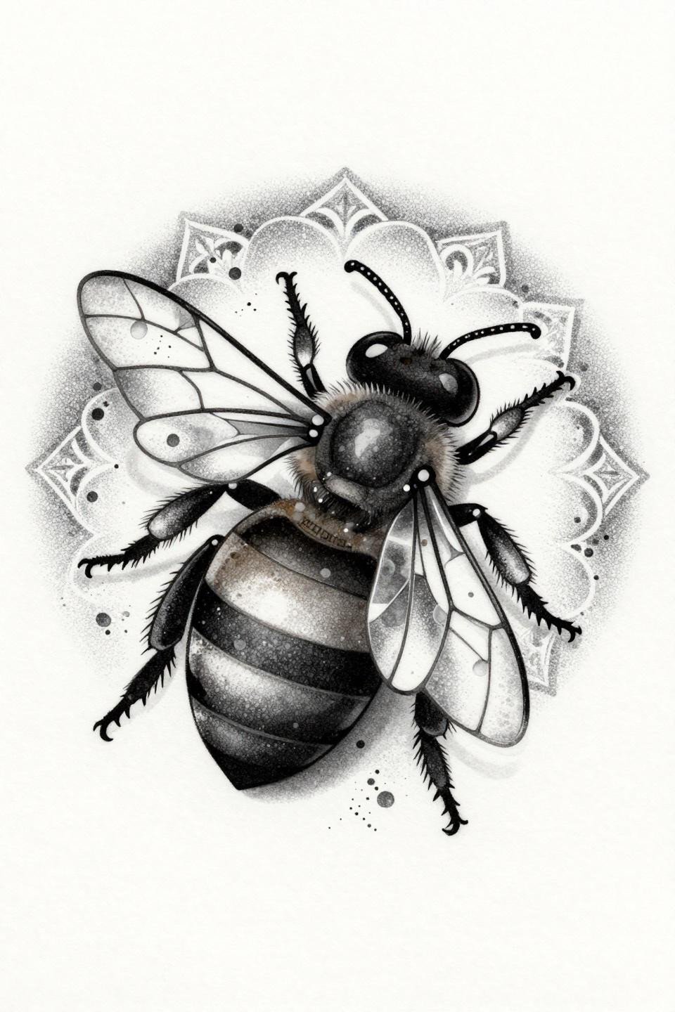 blackwork dotwork bee tattoo flash, circular mandala, stained glass geometric wings, hexagonal body armor, antennae forming heart shape, stipple dot gradient dense center open edges