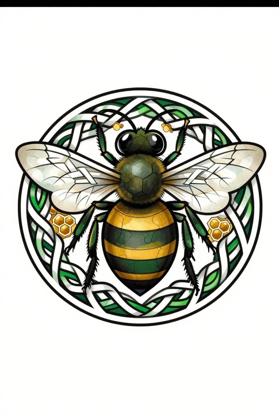 Celtic knotwork bee tattoo flash, bilateral symmetry, bold 2-3pt black outlines, flat forest green and gold fills, interlaced band body segments, circular mandala frame