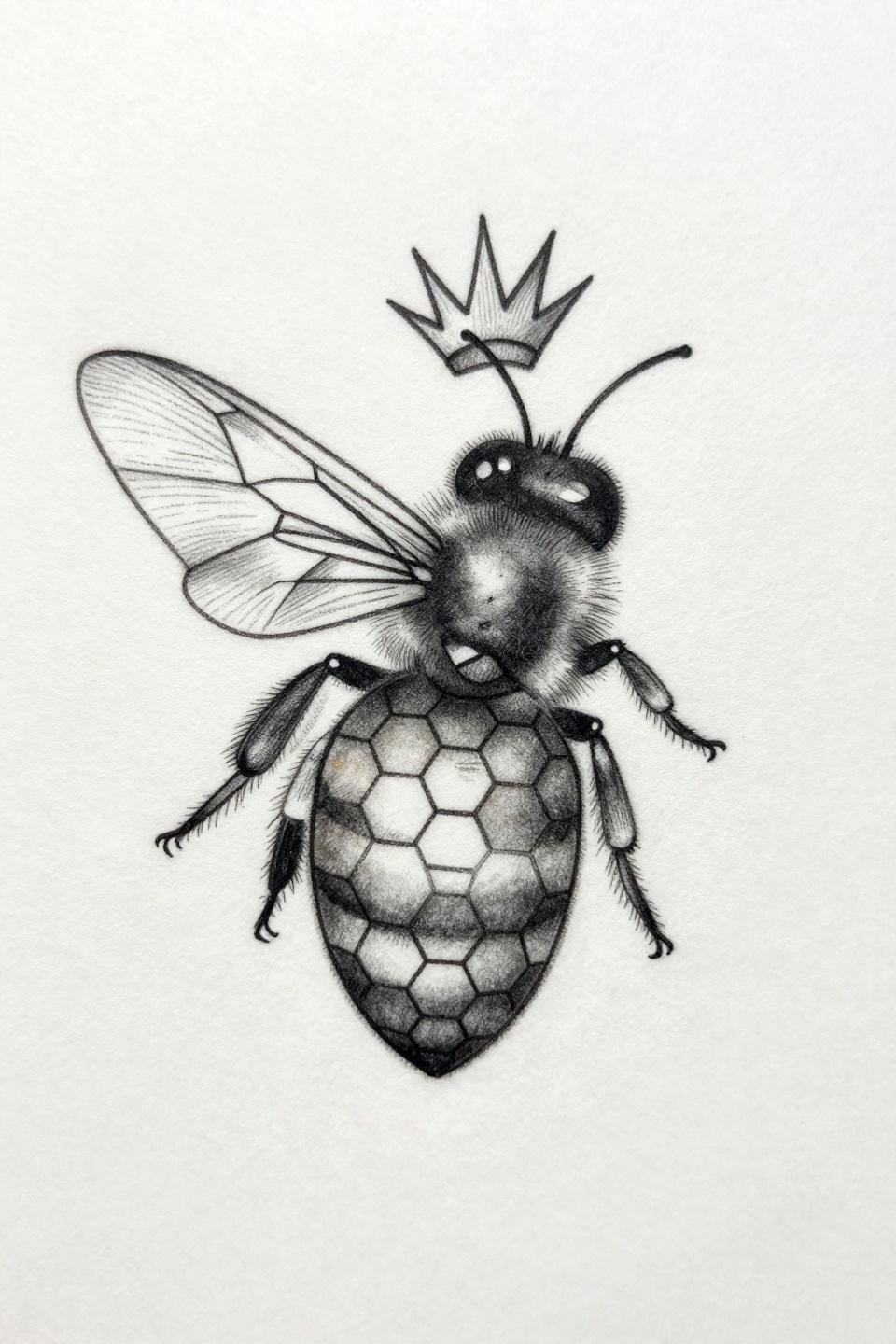 fine line minimalist queen bee tattoo flash, geometric profile hexagonal thorax, hairline crown strokes, single upward antenna, 0.5mm single needle strokes, open negative space, grey wash midtones