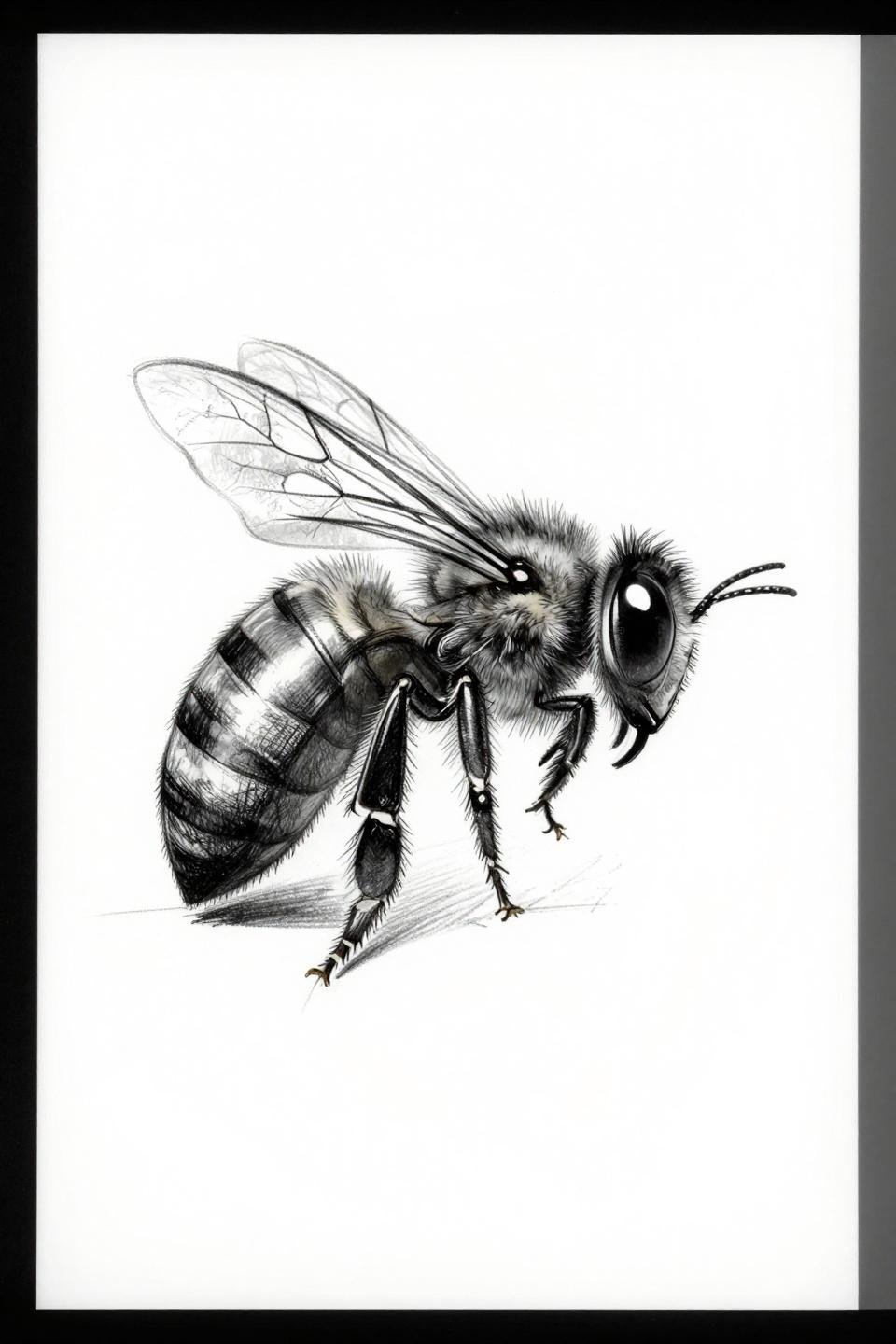 fine line single needle bee tattoo flash, lateral profile, hairline 0.5mm strokes, grey wash dilution midtones, construction lines, organic hesitation marks