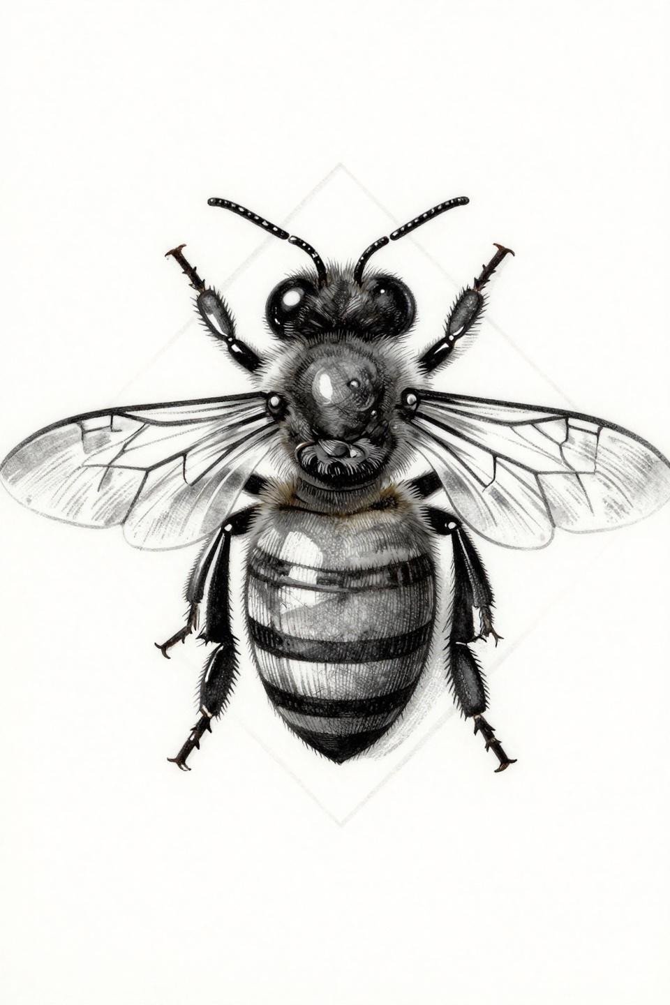 honeybee woodcut etching tattoo flash, frontal view diamond frame, parallel line engraving crosshatch shading, grey wash midtones, large dark compound eyes with catchlight