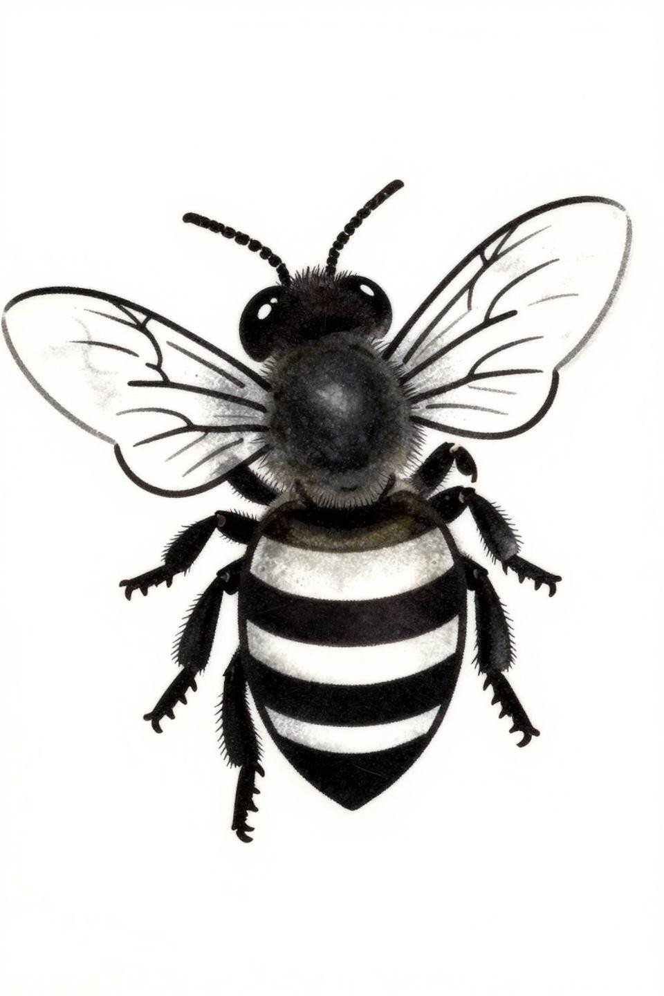Japanese irezumi bee tattoo flash, mid-flight landing approach, bold 2-3pt black outlines, alternating black band abdomen, woodblock print energy, flat black fills no grey wash