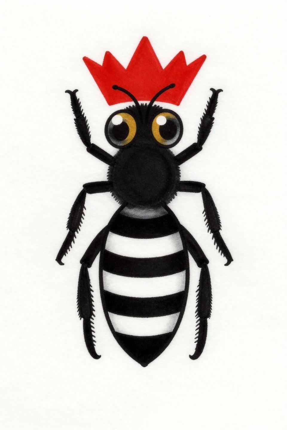 queen bee old school sailor tattoo flash, frontal portrait, bold 2-3pt black outlines, crimson crown accent, flat color fills, elongated abdomen with crown segmentation