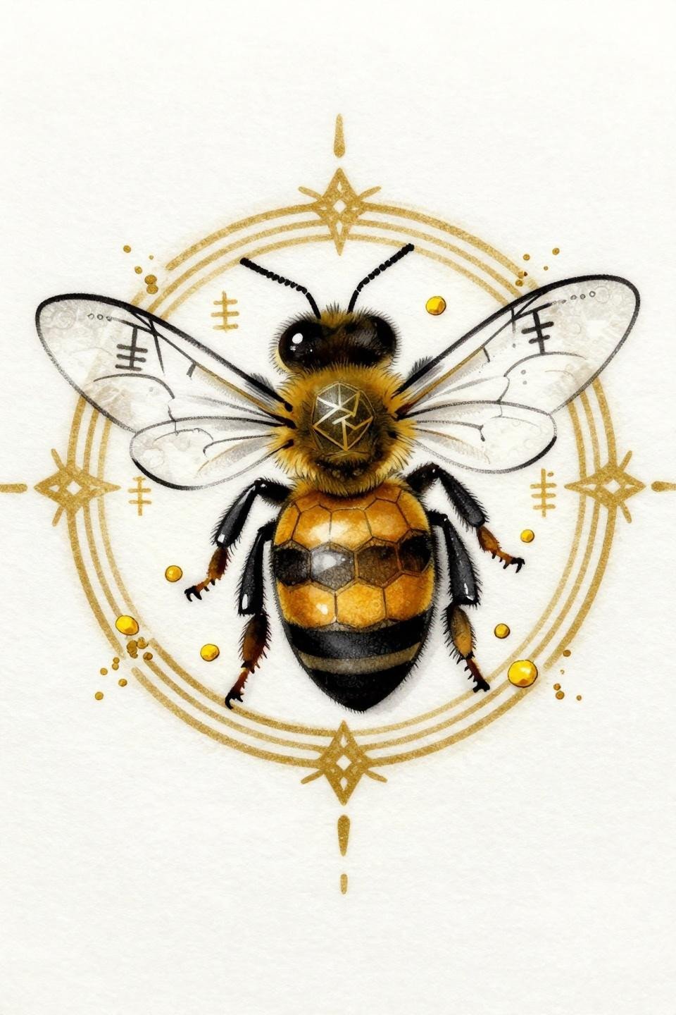 sak yant style bee tattoo flash, circular mandala composition, flat gold and black ink, yant script radiating strokes, hexagonal honeycomb body segments