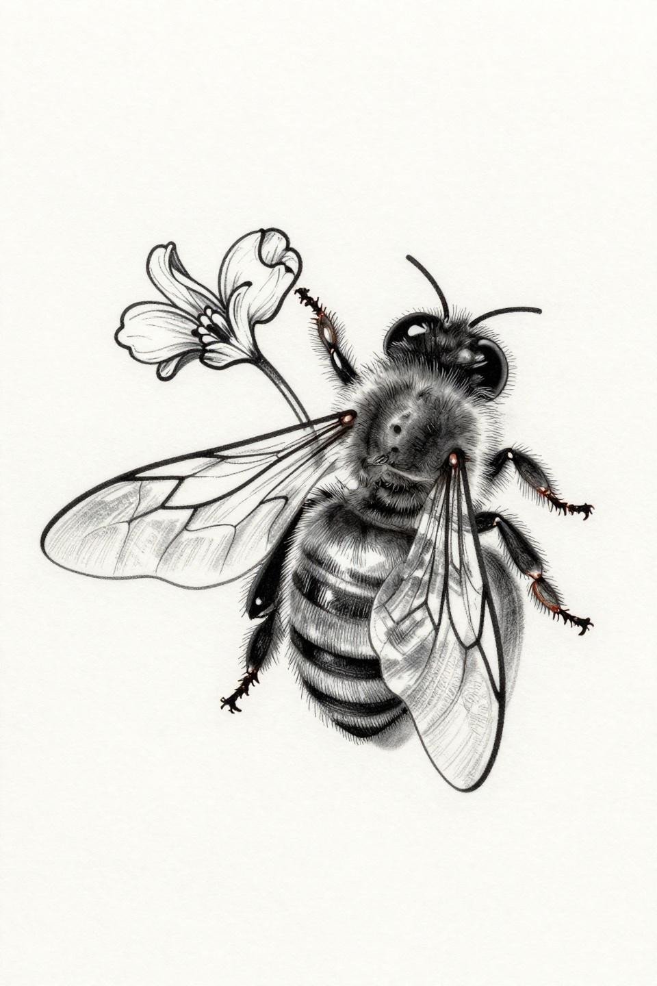 bee tattoo single continuous line flash, hairline single-stroke gestural linework, translucent wings fine vein tracery, wildflower petal grip no fills no shading on white paper