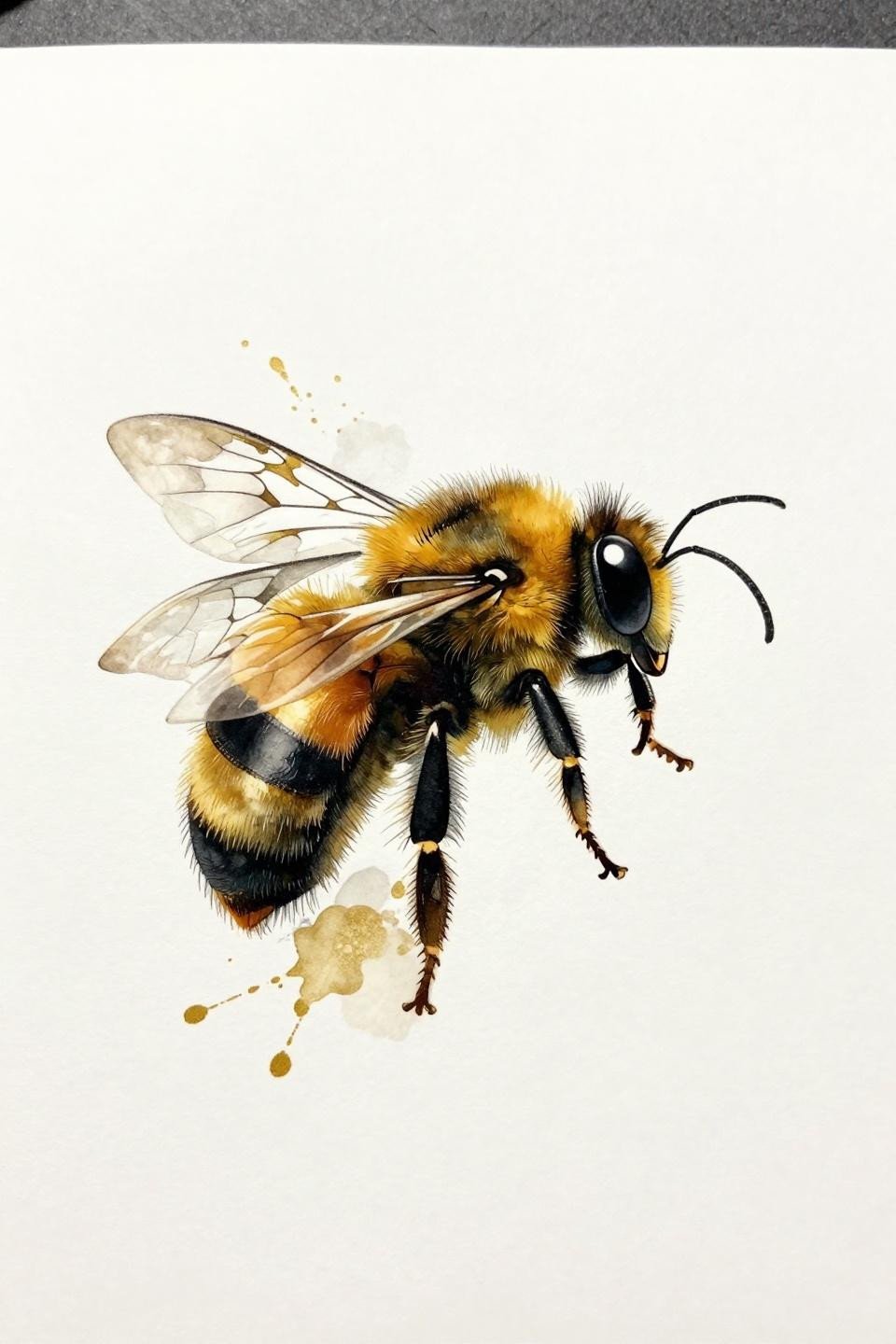 watercolor bumblebee bee tattoo meaning flash, amber gold wash splash behind ink skeleton, fuzzy hair texture, mid-descent profile pose, calligraphic brush line skeleton, warm amber black ink