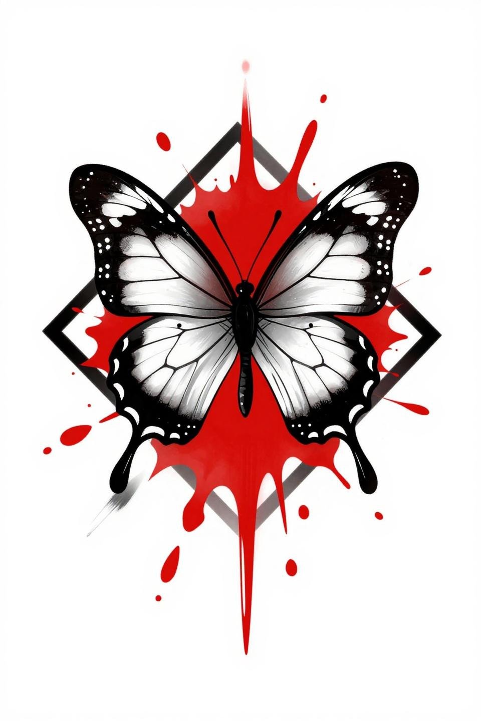 black butterfly tattoo trash polka style, Heliconius sara dorsal view, bold 2-3pt black outlines, crimson red splatter burst diamond frame flash