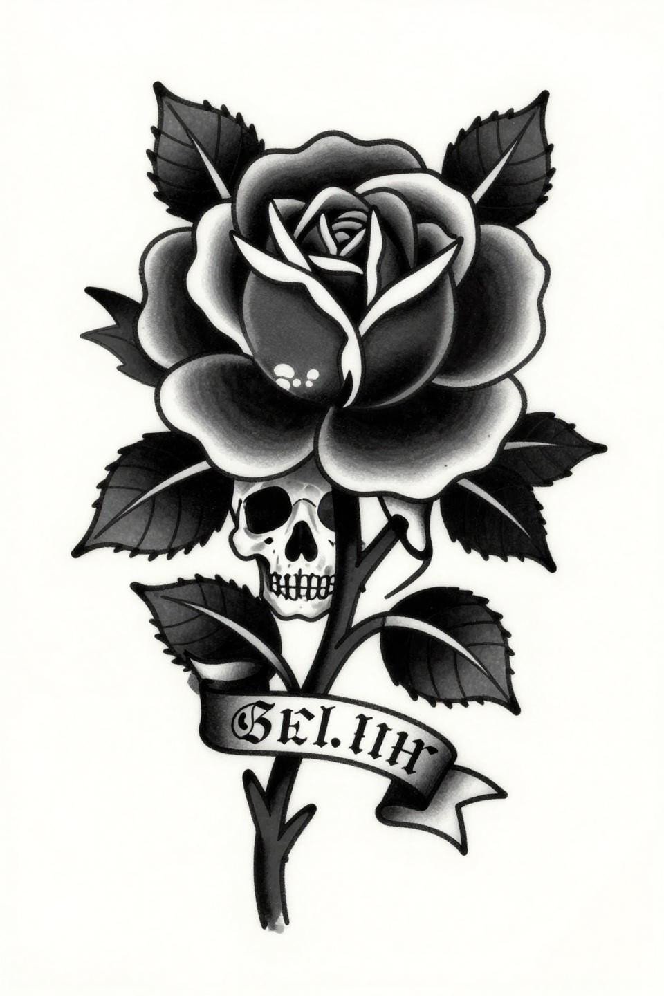 black tattoo cover up neo-traditional rose skull flash, bold 4pt black outlines, flat black ink fills, dense blackwork coverage, ornamental script banner on thorned stem