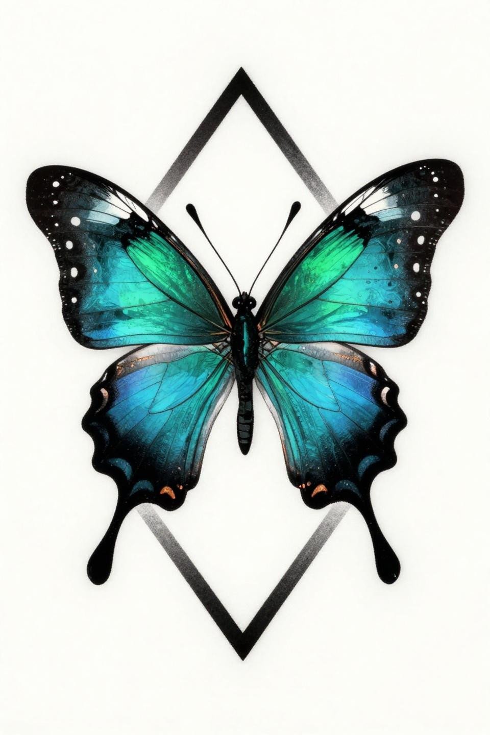 tattoo ideas butterfly art deco style, Queen Alexandra dorsal spread-wing geometric diamond frame, deep teal copper metallic flat fills bold outlines flash