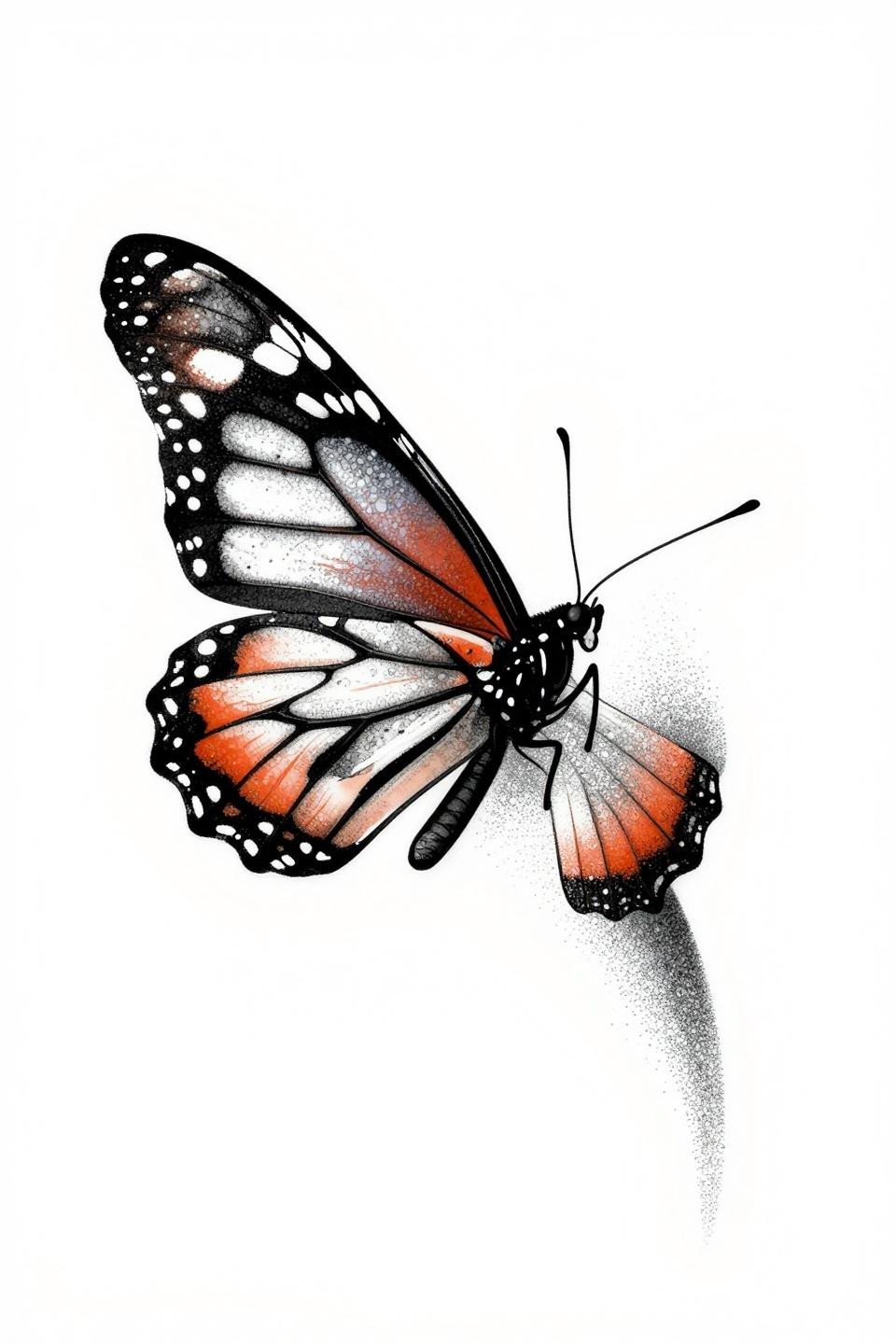 butterfly outline blackwork dotwork, monarch butterfly lateral 35-degree flight pose, stipple dot gradient dense core open edges grey wash dilution flash art