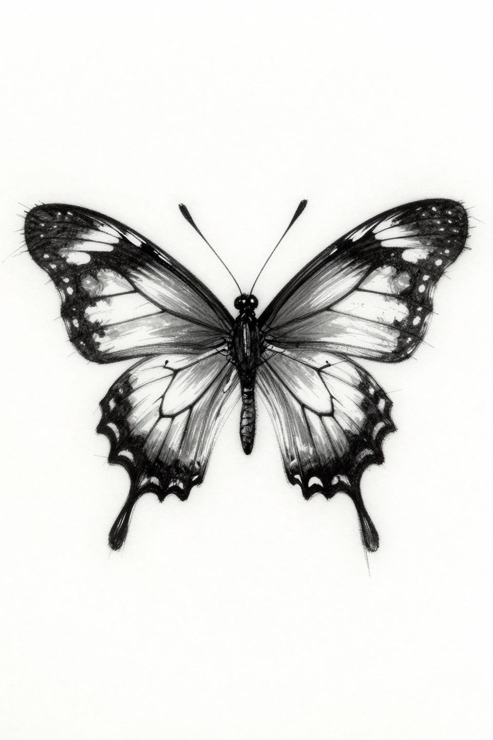 unique butterfly tattoo sketch raw style, clearwing butterfly dorsal spread wing, bold 2-3pt outlines visible construction gestural strokes grey wash flash