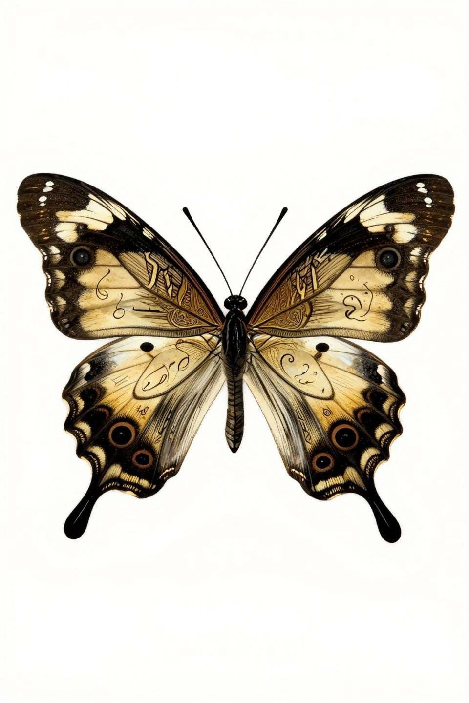 small butterfly tattoo sak yant style, Heliconius sara ventral view, sacred script linear wing fill warm gold on black parallel line engraving flash
