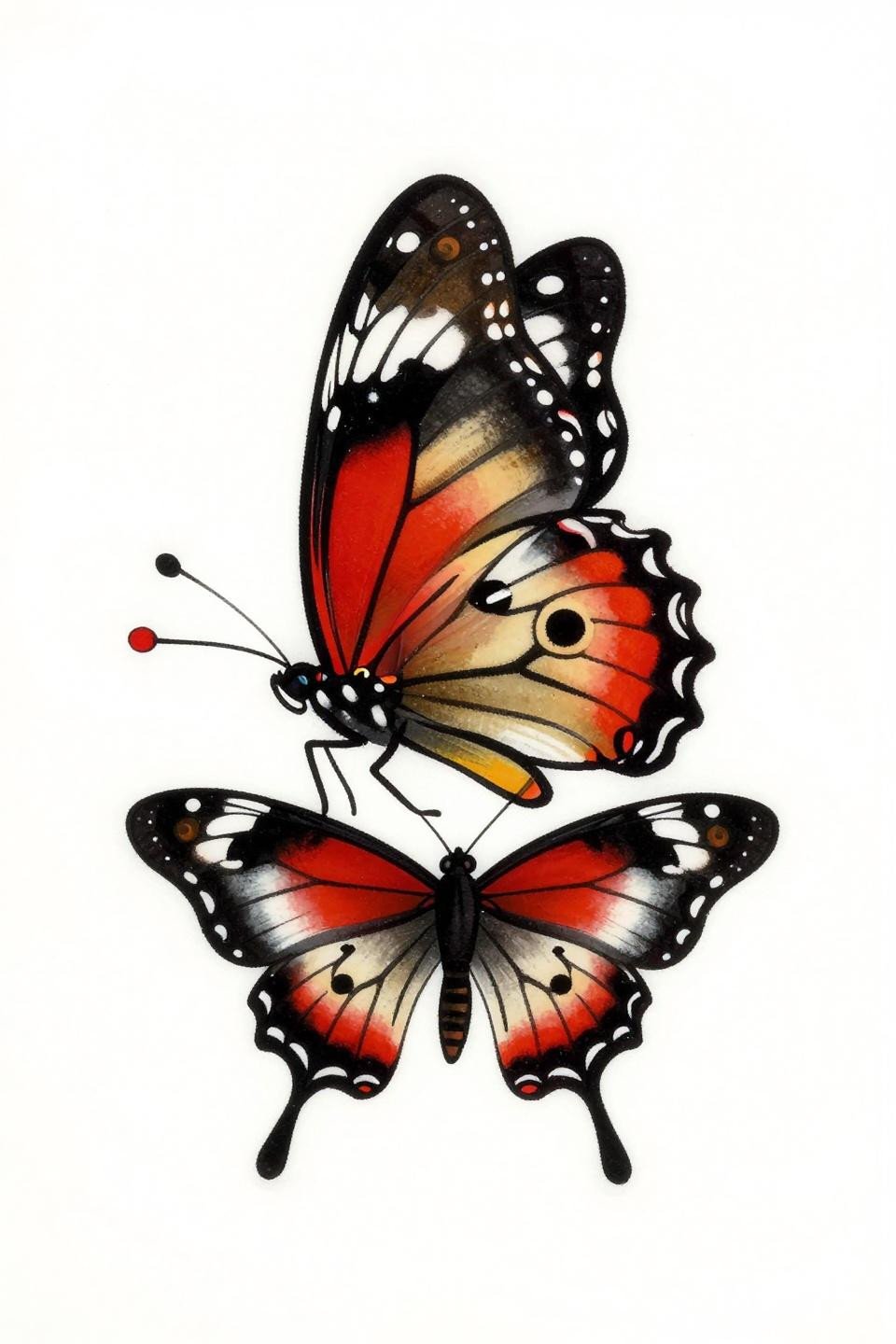 butterfly outline tattoo traditional American style, Papilio paris ventral folded wing posture, bold 2-3pt black outlines flat fill flash reference