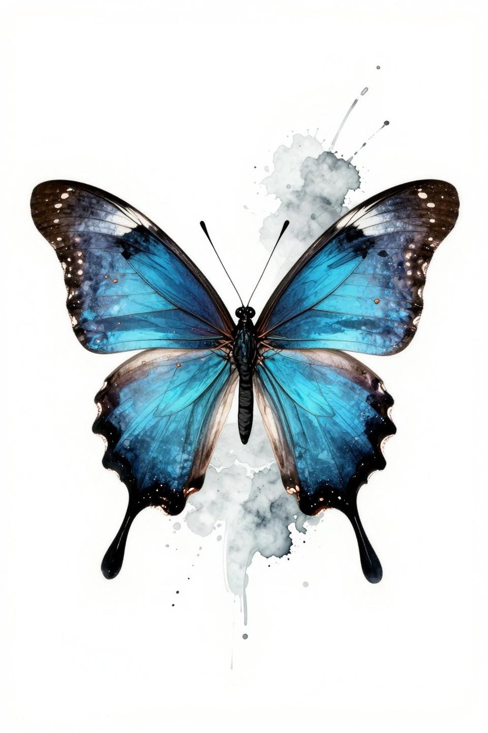 unique butterfly tattoo watercolor splash style, swallowtail dorsal bilateral symmetry, teal wash copper metallic calligraphic brush marks clean line skeleton flash