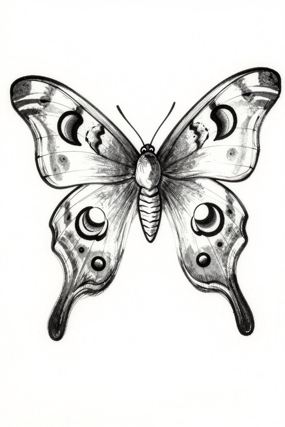 fine line butterfly tattoo ignorant style, Atlas moth lateral asymmetric pose, crude 3-4pt wobbly outlines flat black fill uneven line weight flash