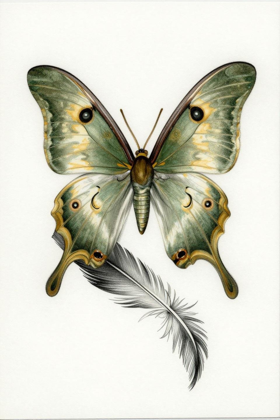 tattoo ideas butterfly art nouveau style, luna moth nocturnal tent-fold resting posture, whip shading curved parallel strokes deep forest green warm gold fills flash