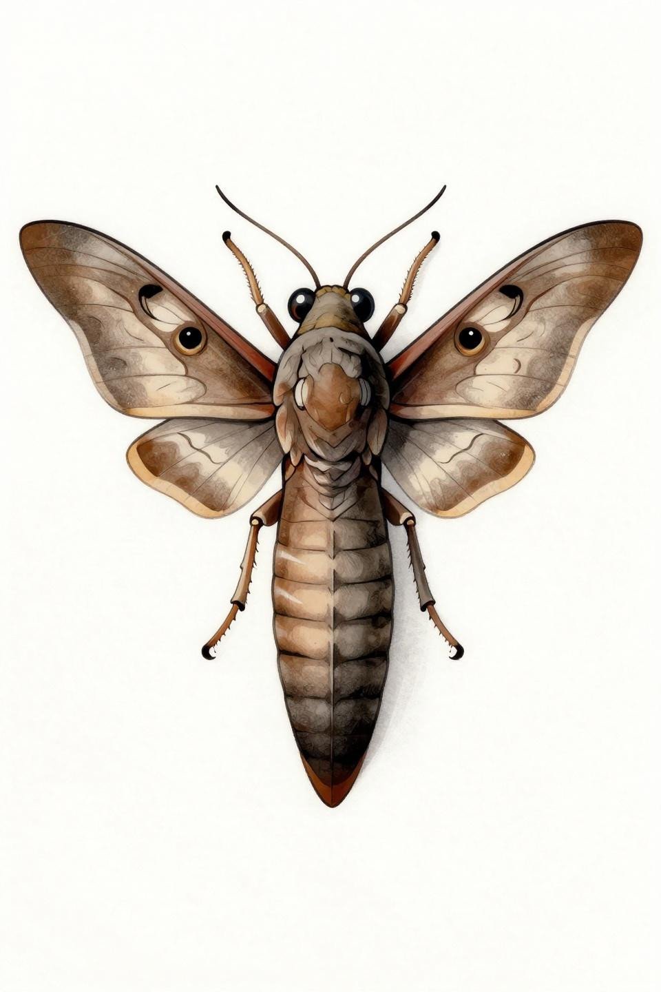 butterfly back tattoo neo-traditional style, sphinx moth dorsal bilateral symmetry, whip shading bold outlines muted taupe umber dusty grey ochre palette flash