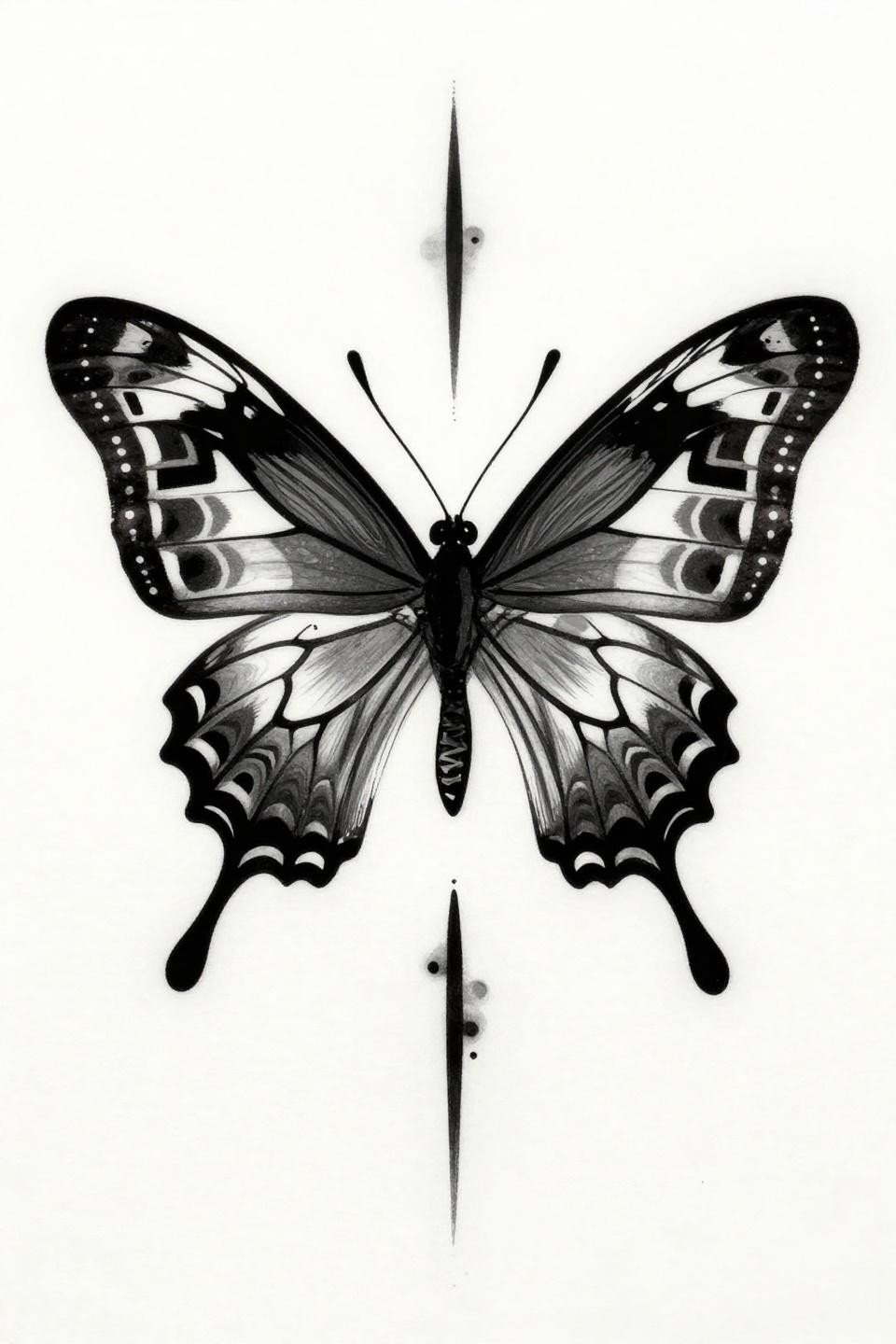 black butterfly tattoo tribal geometric style, Papilio paris dorsal spread wing, dense angular solid black tribal fills bold 2-3pt outlines bilateral symmetry flash