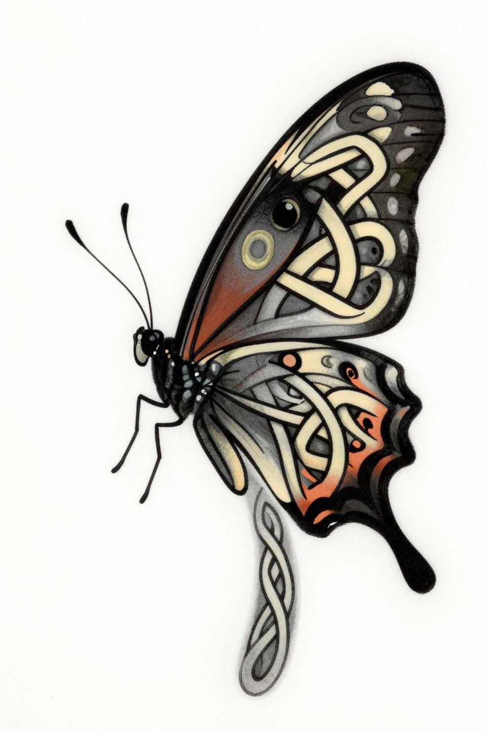 butterfly tattoo designs celtic knotwork style, Papilio paris ventral view interlaced wing fill pattern, bold outlines coral charcoal flat fills flash art