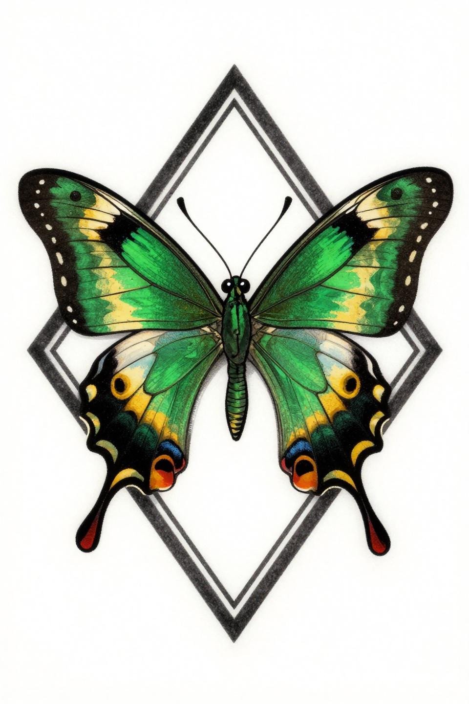 art deco swallowtail butterfly tattoo flash, geometric diamond frame, bold 2-3pt black outlines, flat forest green and gold fills, emerald hindwings with golden eyespot ocelli