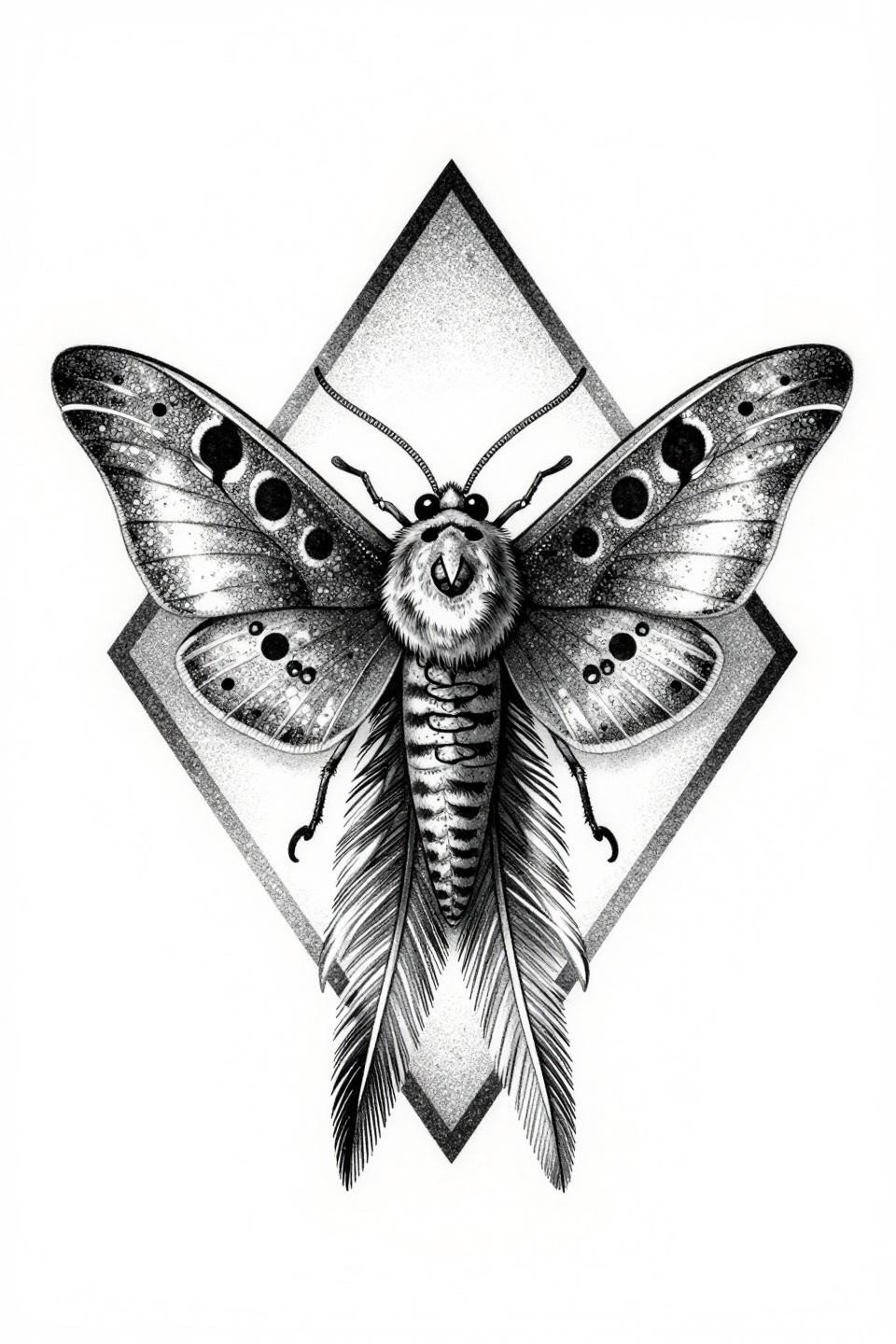 blackwork dotwork sphinx moth tattoo flash, stipple dot gradient dense at center fading outward, diamond geometric frame, bilateral symmetry, no solid line fills, grey wash dilution for midtones on white paper