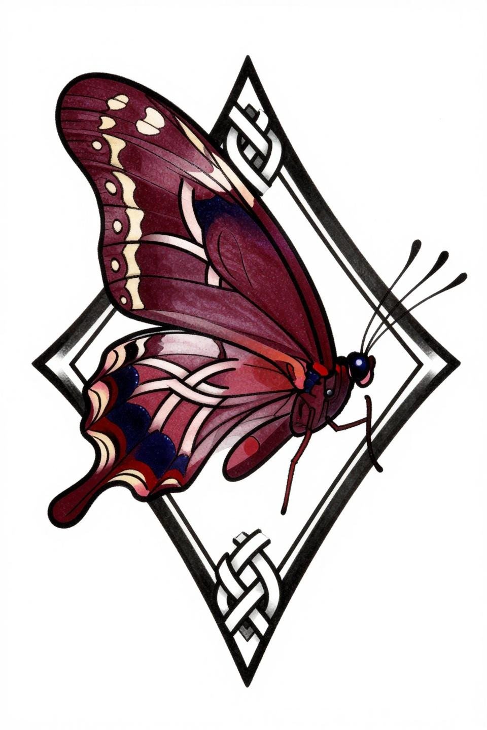 Celtic knotwork mourning cloak butterfly tattoo flash, continuous knotwork throughout wing fields, diamond frame interlocking knot borders, bold 2-3pt outlines, deep indigo and crimson flat fills on white paper