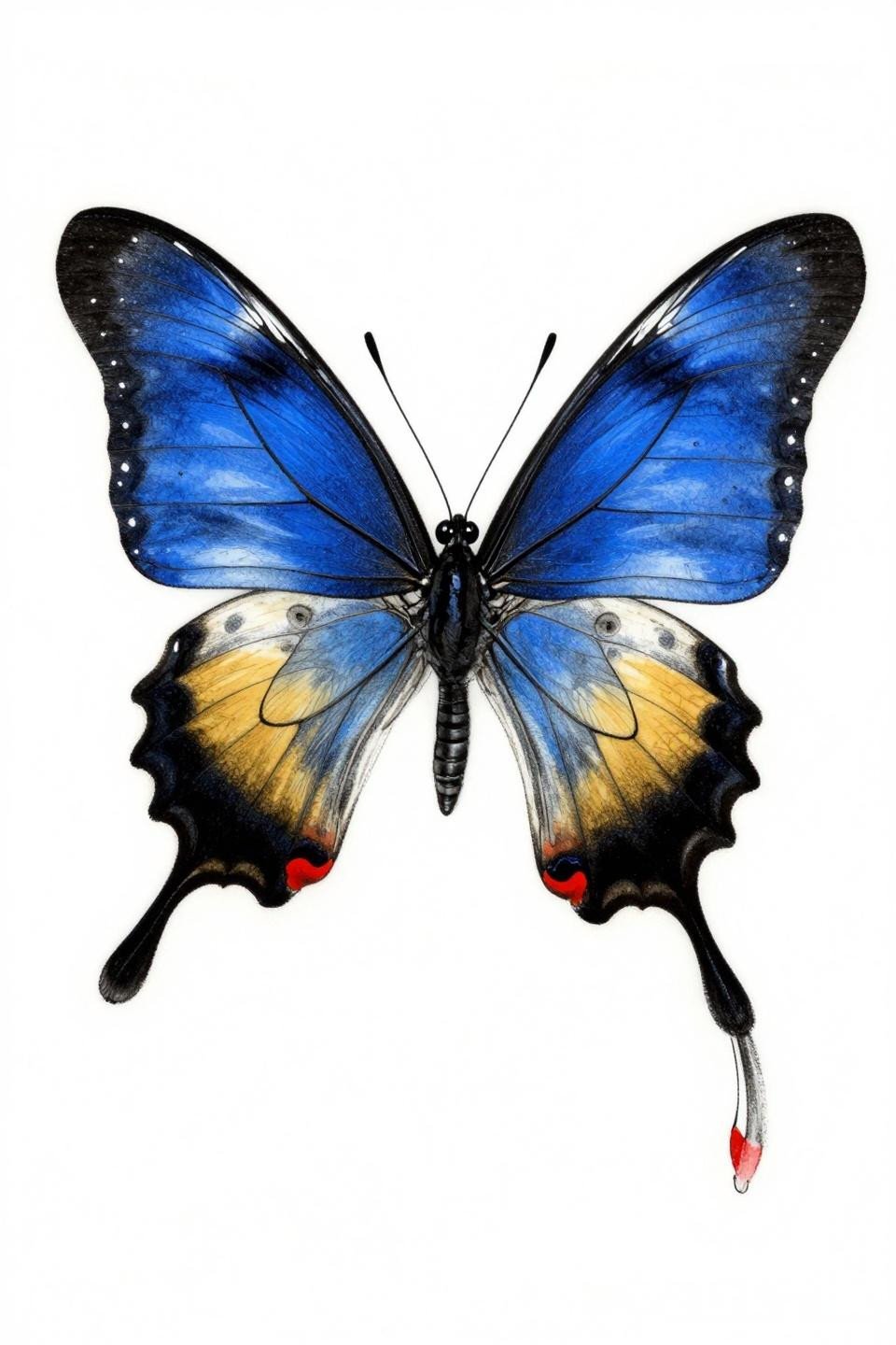 chicano grey wash swallowtail butterfly tattoo flash, lateral resting pose, dense charcoal gradient dissolving to open white, navy blue and black ink, whip shading technique on white paper