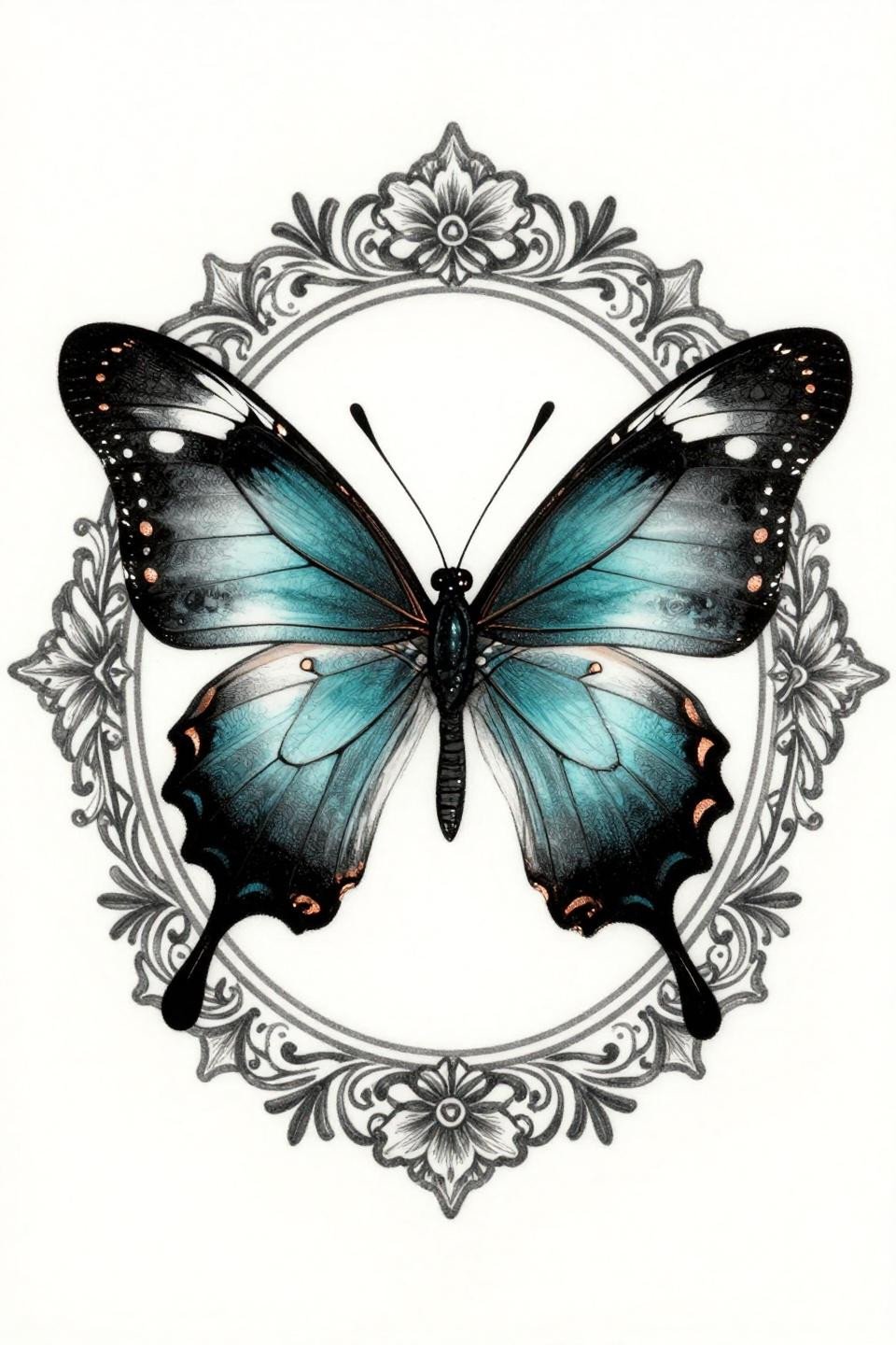 Art Nouveau glasswing butterfly tattoo flash, circular ornate botanical mandala border, whip shading tapered strokes, deep teal and copper metallic accent on black, transparent hindwing vein network