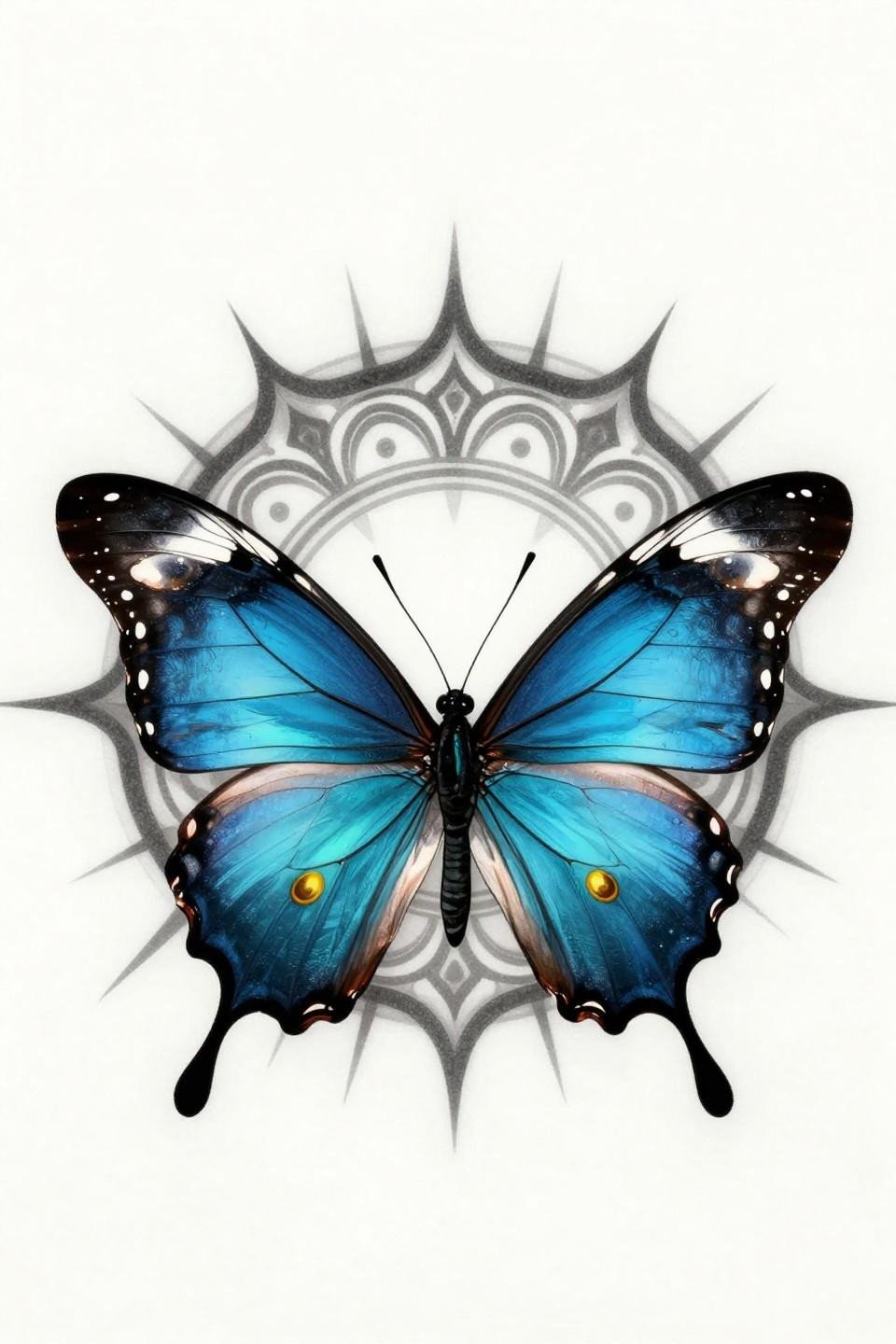 surrealist morpho butterfly tattoo flash, circular mandala geometry frame, electric blue and metallic cyan flat fills, golden eyespot ocelli, bold 2-3pt black outlines, deep teal and copper palette