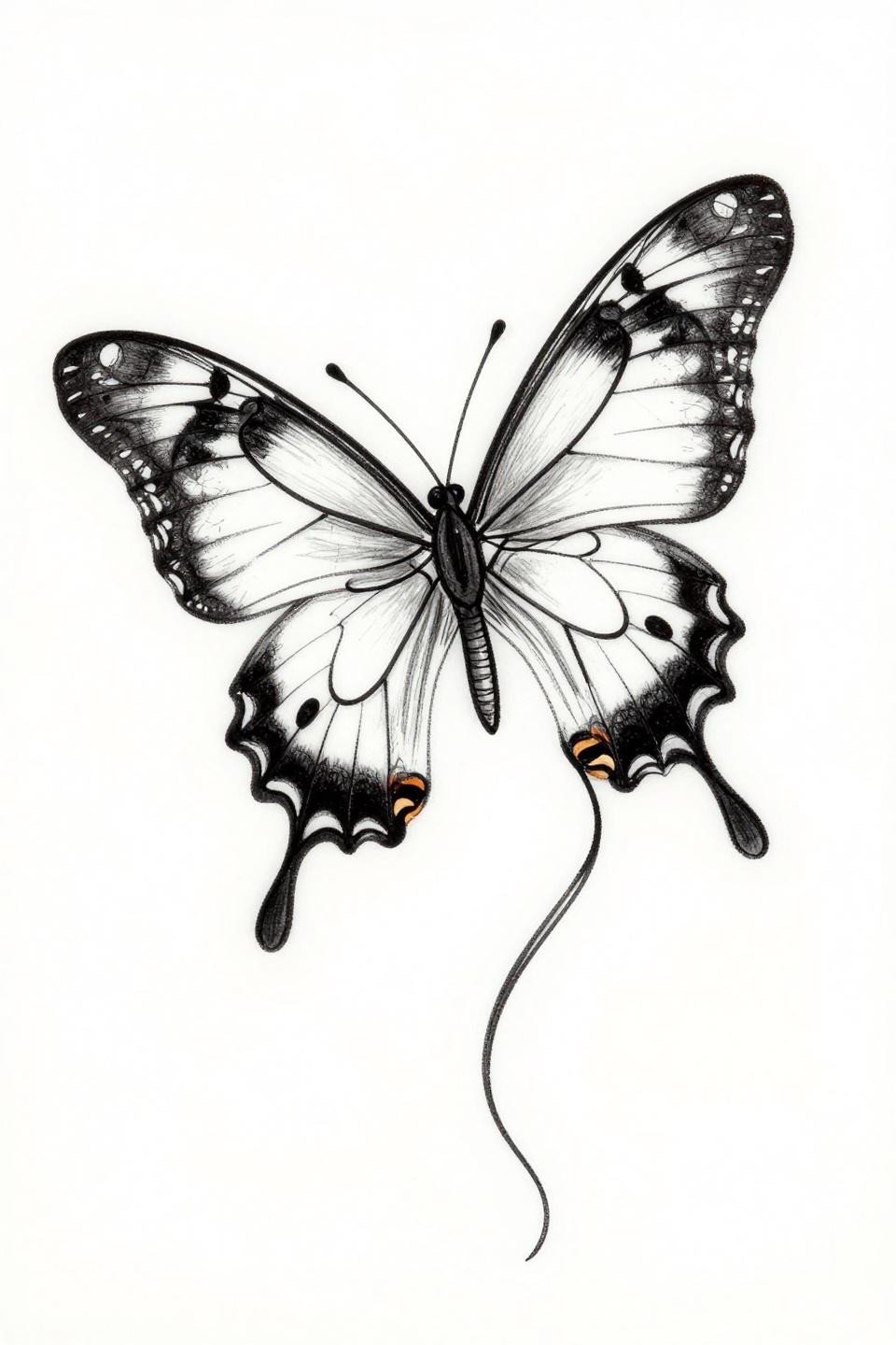 single continuous line swallowtail butterfly tattoo flash, 0.5mm single-needle unbroken flowing stroke, no fill no crosshatch, asymmetric composition open negative space, elongated tail streamers on white paper