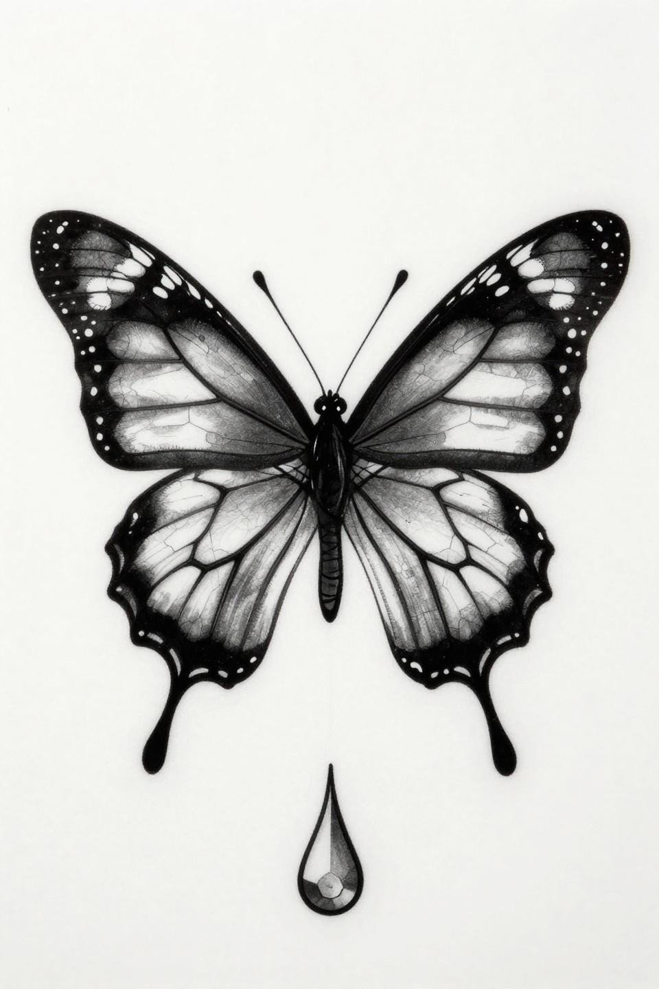 geometric scientific monarch butterfly tattoo flash, tessellated hexagon grid wing scales, compass-drafted vector linework, flat fills with grey wash midtones, closed wings vertical teardrop body form