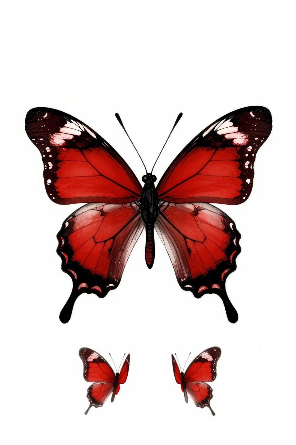 ignorant style red lacewing butterfly tattoo flash, heavy 4pt black outlines, flat crimson and solid black fills, zero shading, bold crude vein tracery on stark white paper