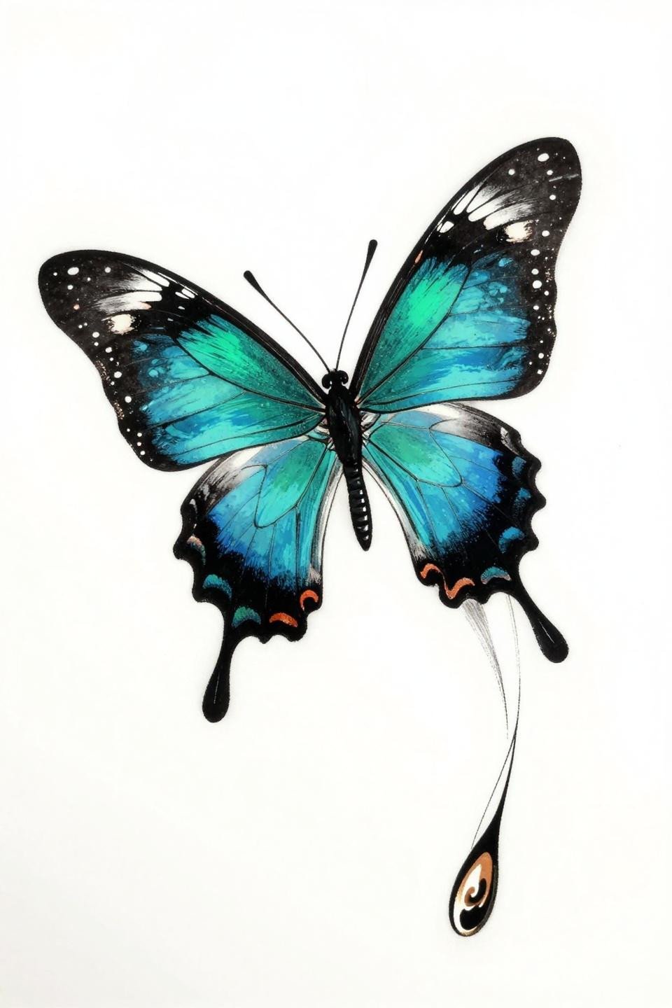 Japanese irezumi Papilio blumei swallowtail butterfly tattoo flash, three-quarter mid-flight asymmetric composition, bold 2-3pt black outlines, flat teal and copper fills, brush stroke quality linework