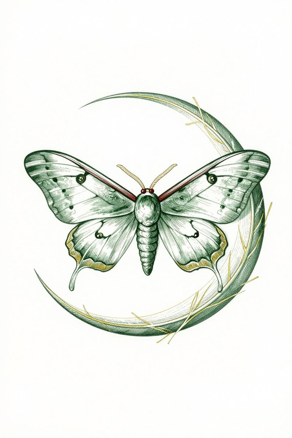 botanical scientific luna moth tattoo flash, parallel line engraving with crosshatch gradients, 0.4mm ruled strokes, forest green ink with gold vein filaments, lateral resting profile with feathered antennae