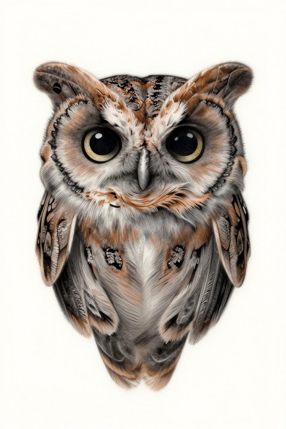 micro-realism owl butterfly tattoo flash, grey wash dilution dense to open, hairline detail strokes, muted ochre and warm grey palette, tight frontal portrait, cryptic wing texture