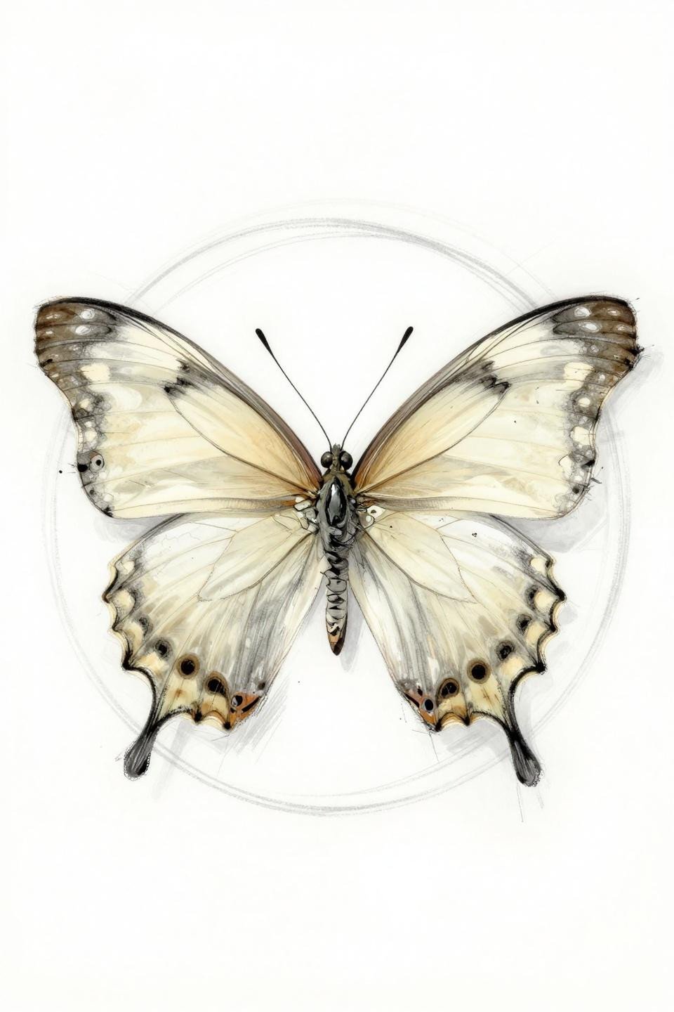 sketch raw style cream morpho butterfly tattoo flash, loose gestural linework, charcoal-style strokes, muted ivory and warm grey palette, pencil hatching energy on white paper