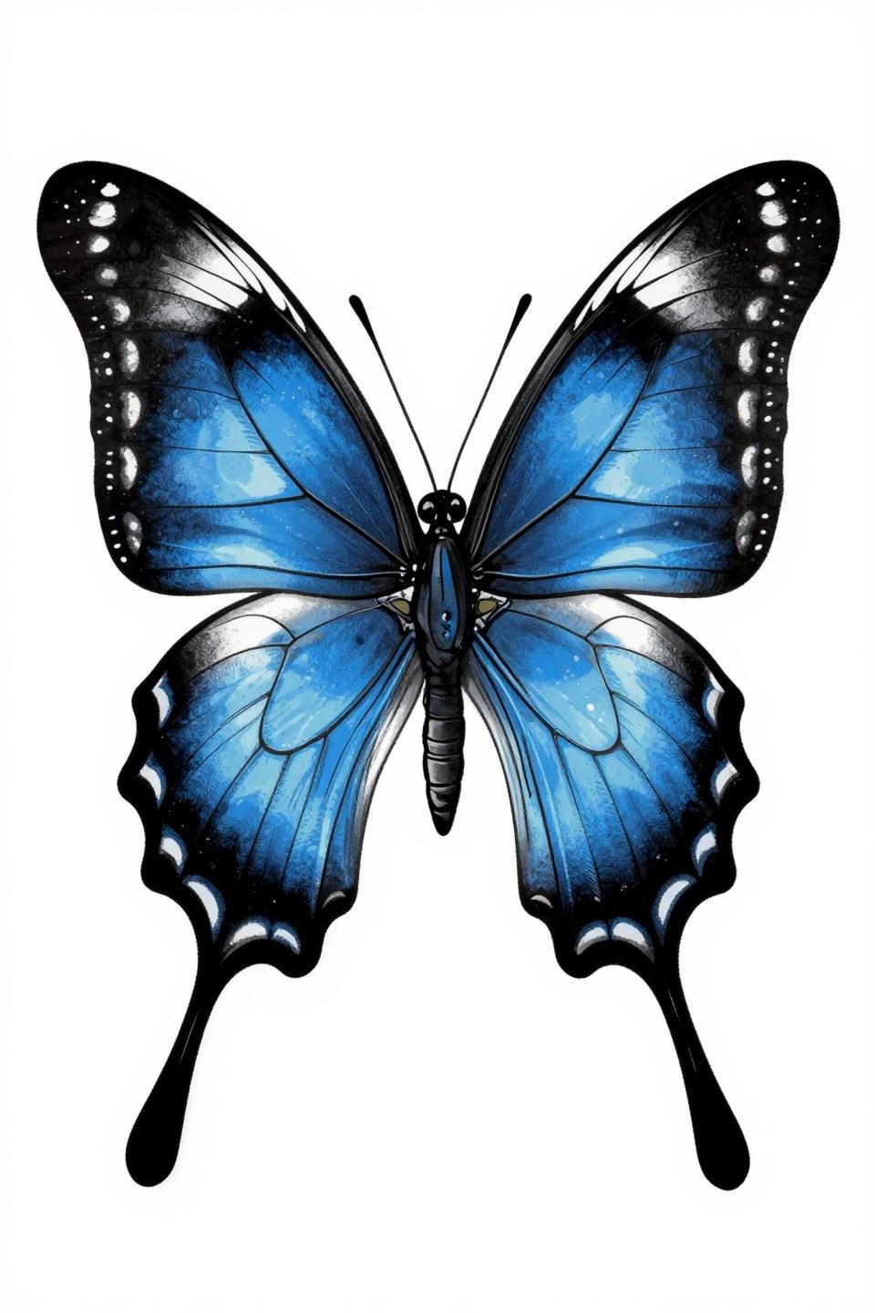 neo-traditional morpho butterfly tattoo flash, forward-facing bilateral symmetry, bold 2-3pt black outlines, navy blue flat fills with neo-traditional shading depth, compound eye detail visible