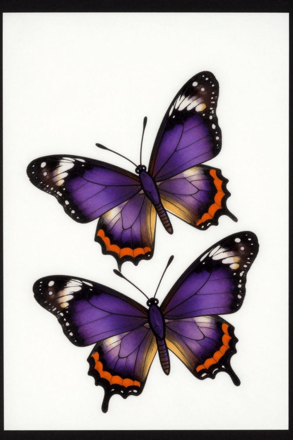 old school sailor traditional purple emperor butterfly tattoo flash, lateral resting pose, bold 3pt black outlines, flat deep purple and burnt orange fills, golden ochre accents on white paper