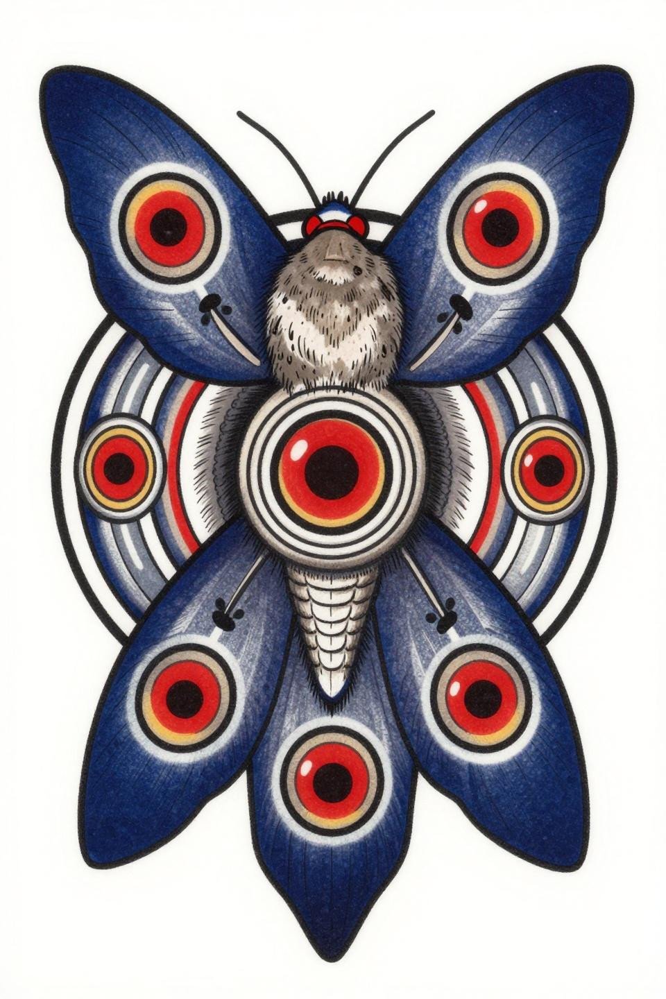 Sak Yant style io moth butterfly tattoo flash, circular mandala frame, bilateral symmetry, bold black outlines, deep indigo and crimson flat fills, concentric eyespot sacred geometry
