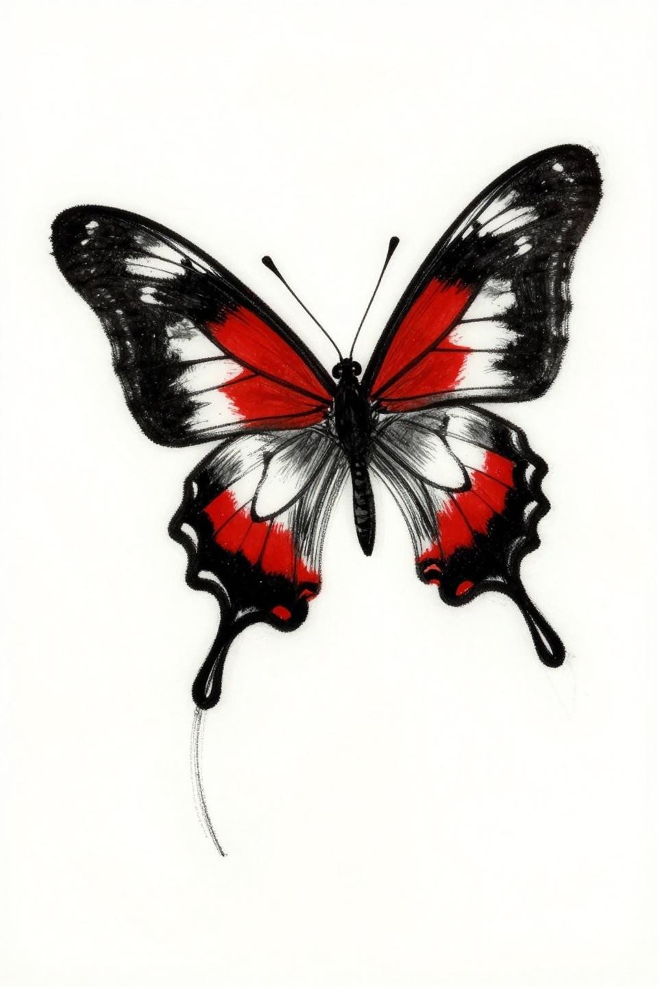 sketch raw style banded swallowtail butterfly tattoo flash, lateral resting pose wings folded tent-style, bold 2-3pt outlines, crimson red accent on black ink, stacked vertical composition
