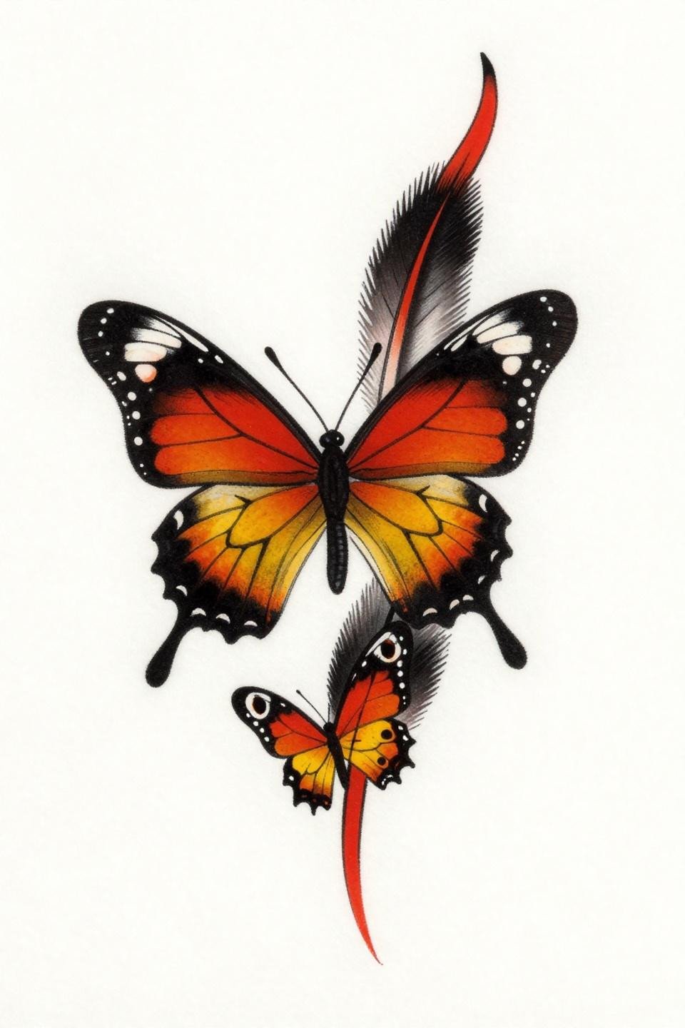 traditional American clearwing swallowtail butterfly tattoo flash, dynamic ascending flight pose, bold 3pt black outlines, flat cadmium red-orange and golden yellow fills, asymmetric diagonal composition