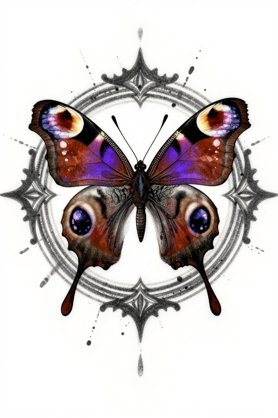 trash polka style peacock butterfly tattoo flash, bold eyespot geometry, paint splatter marks radiating outward, circular mandala frame, whip shading strokes, coral and charcoal ink palette